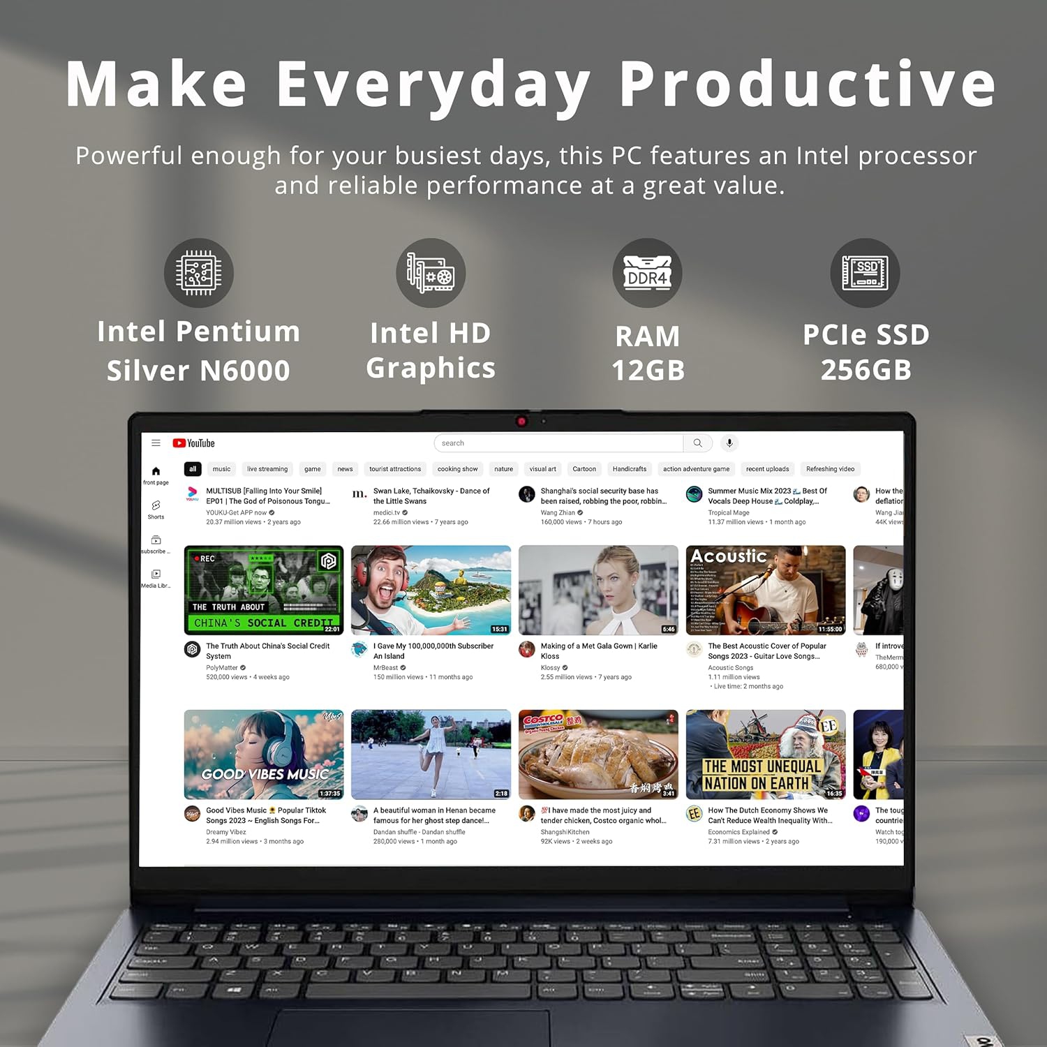 Refurbished - Lenovo IdeaPad 15.6" FHD Laptop, Intel Pentium Silver N6000, 256GB PCIe SSD, 12GB RAM, Numeric Keypad, 720P HD Webcam, Dolby Audio,