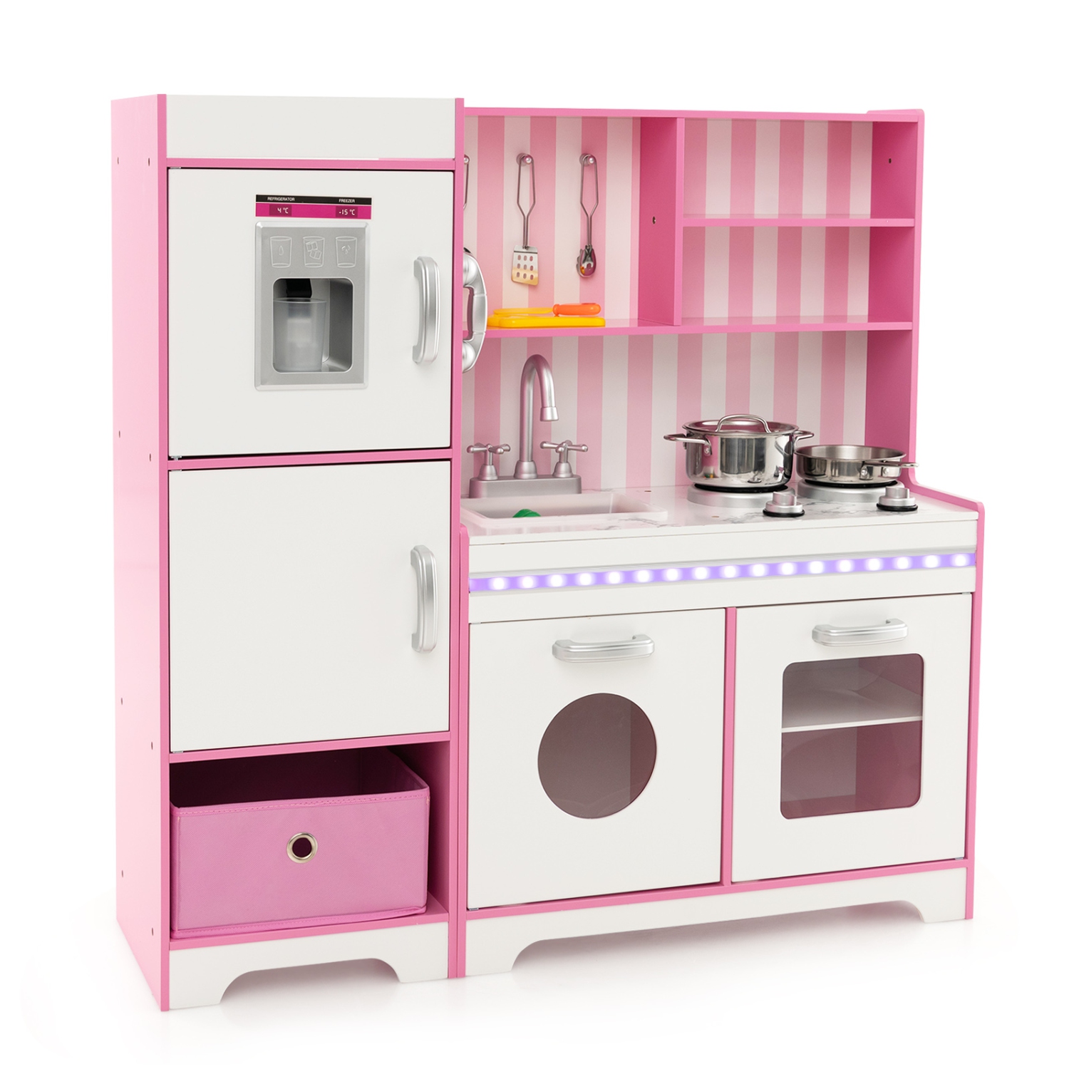Costway Kids Kitchen Playset Wooden Toy with Adjustable LED Lights & Washing Machine