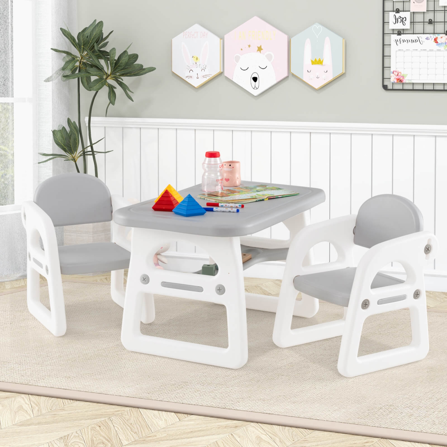 Costway 3-Piece Kids Table and Chair Set Toddler Activity Study Desk with Building Blocks