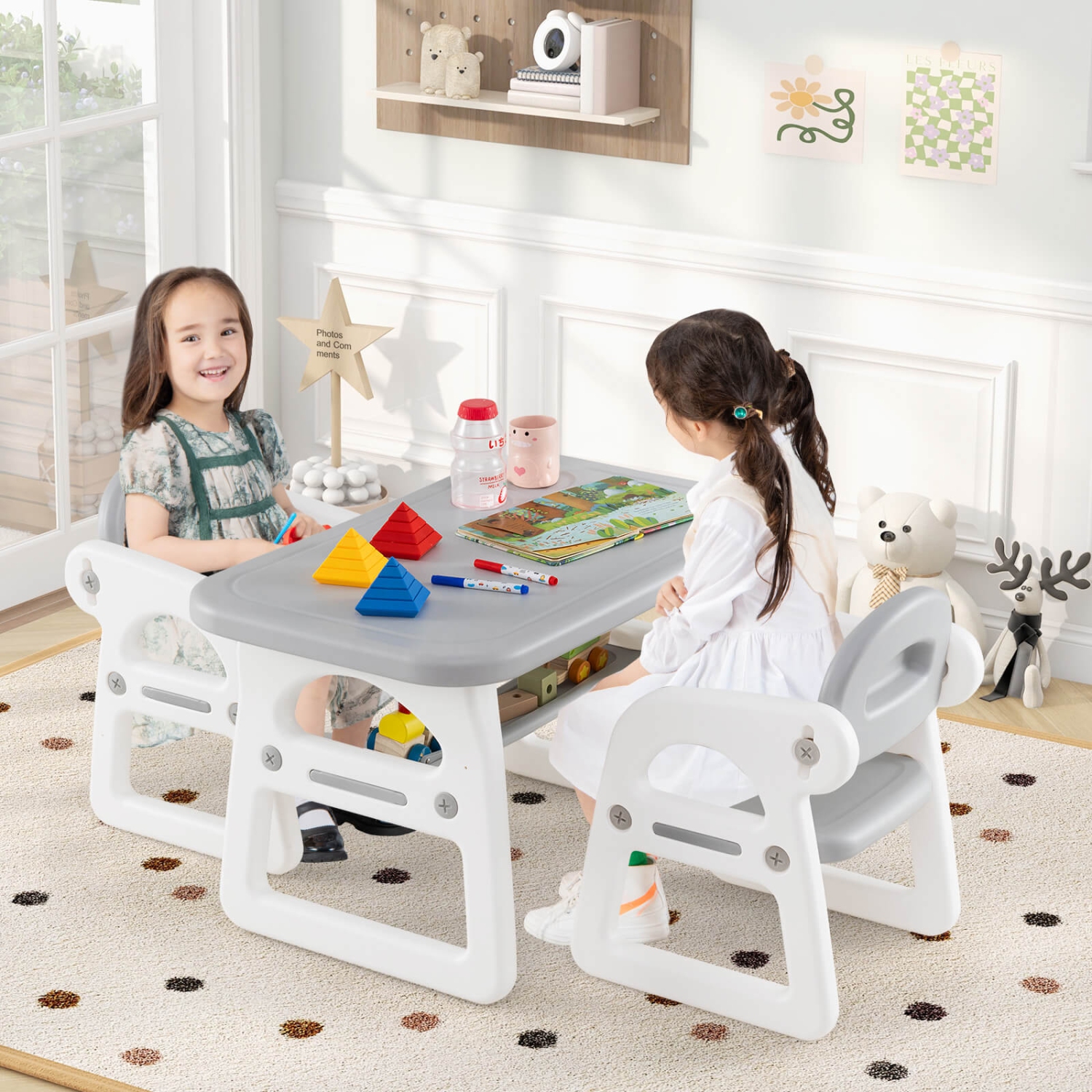 Costway 3-Piece Kids Table and Chair Set Toddler Activity Study Desk with Building Blocks