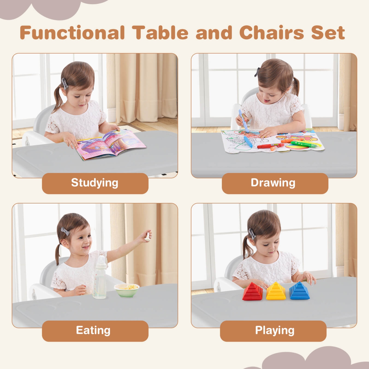 Costway 3-Piece Kids Table and Chair Set Toddler Activity Study Desk with Building Blocks