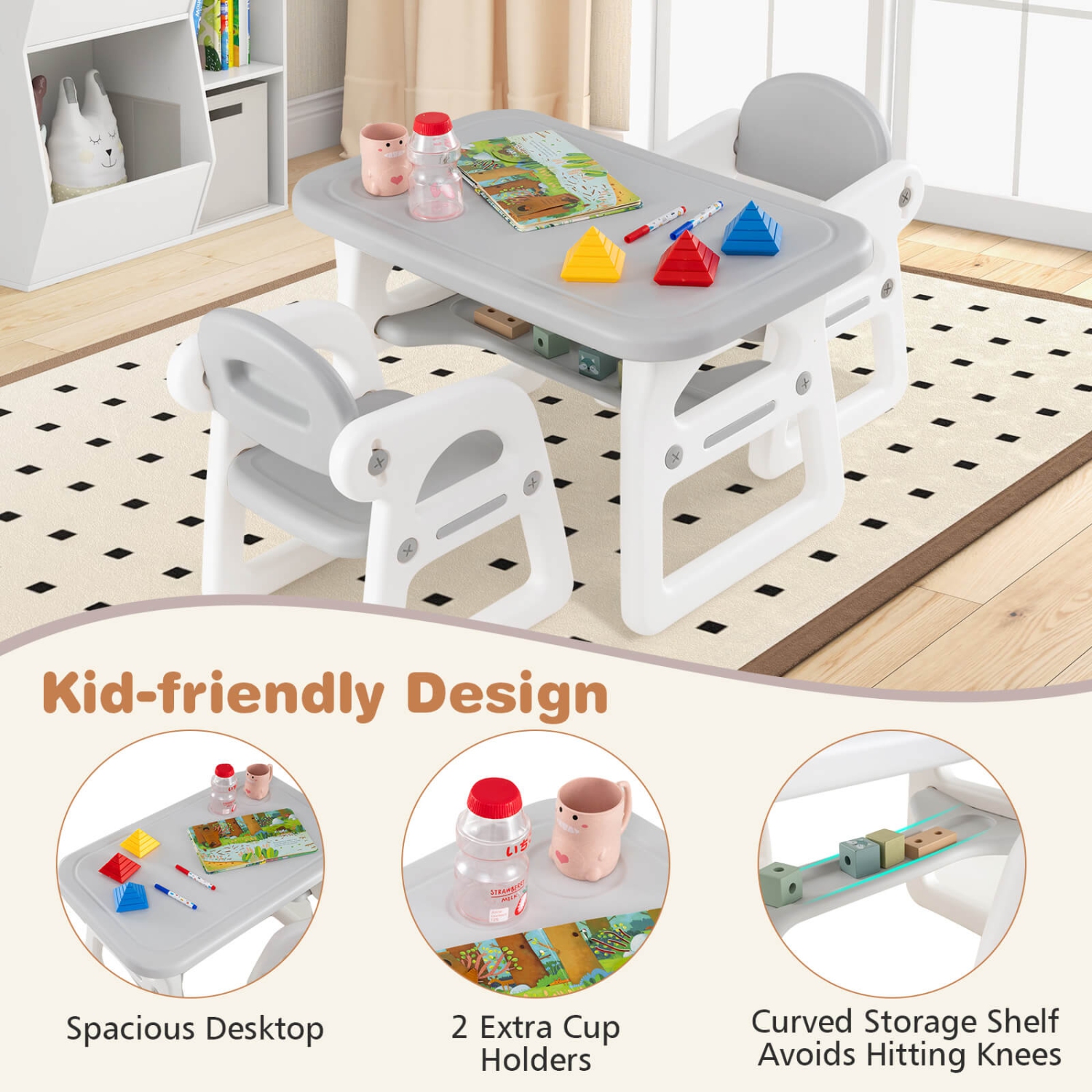 Costway 3-Piece Kids Table and Chair Set Toddler Activity Study Desk with Building Blocks