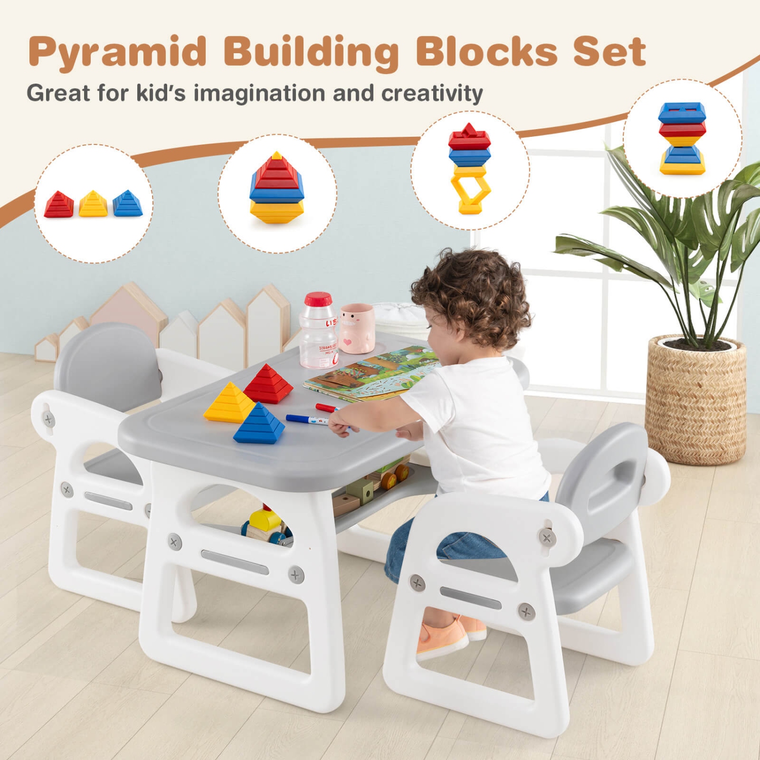 Costway 3-Piece Kids Table and Chair Set Toddler Activity Study Desk with Building Blocks