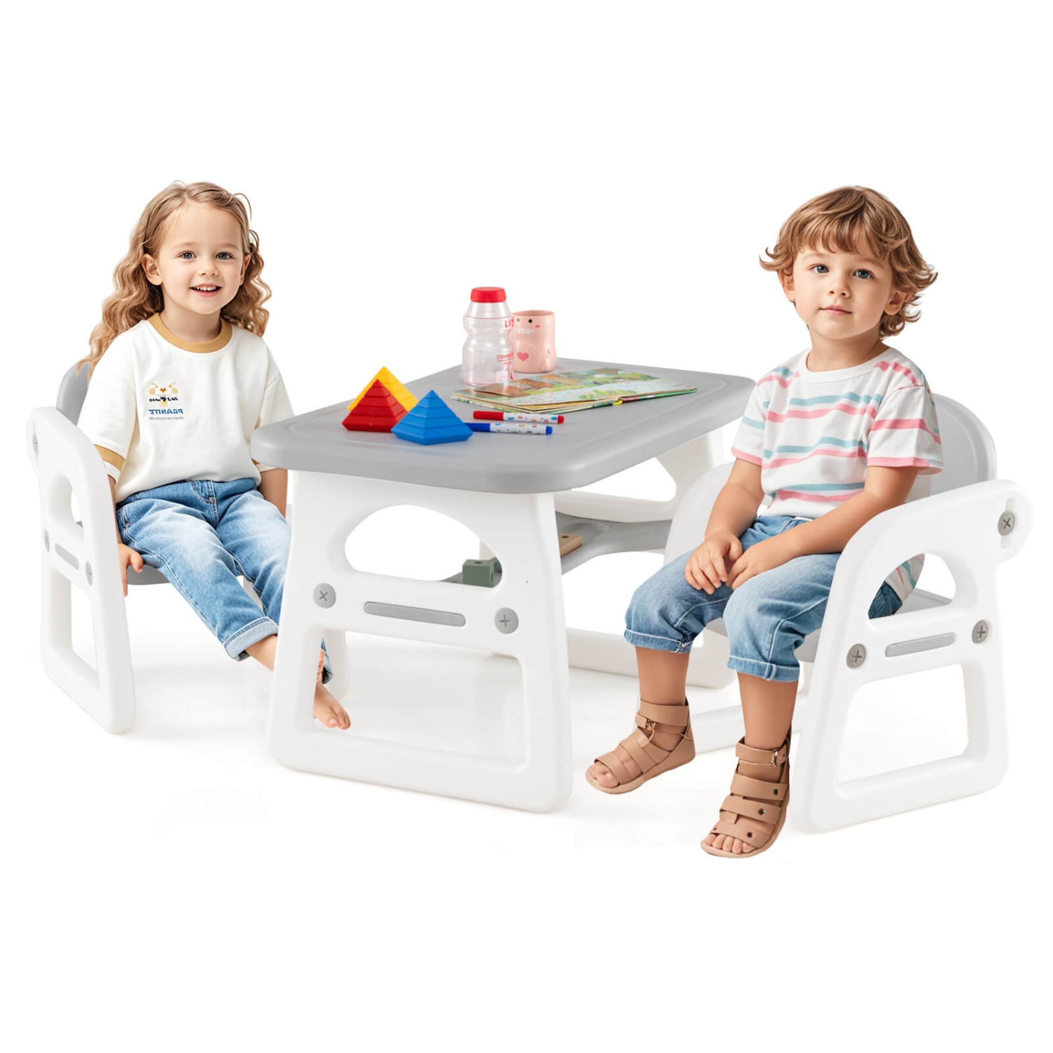 Costway 3-Piece Kids Table and Chair Set Toddler Activity Study Desk with Building Blocks