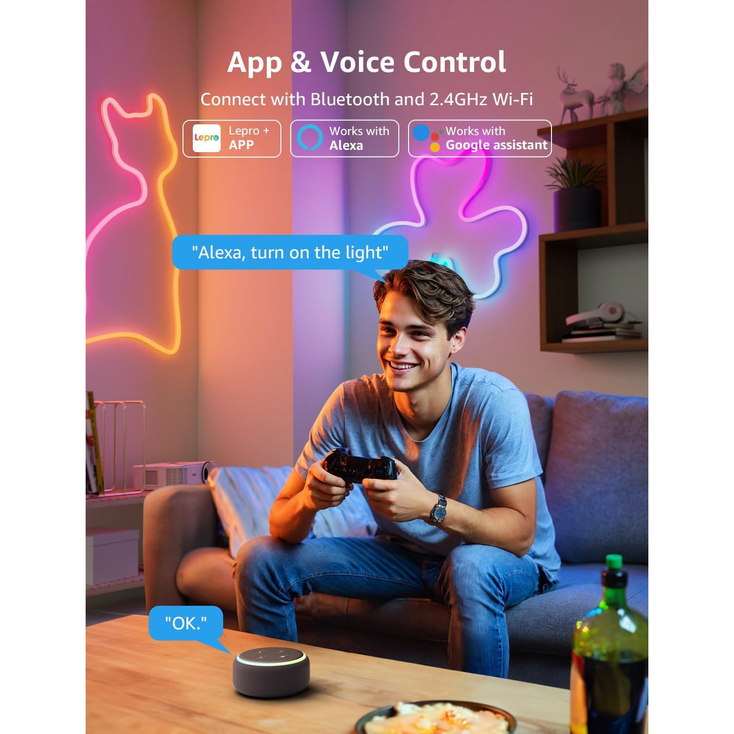 Lumières néon AI LED N1 de 10 pi de Lepro, LED RGBIC, corde à néon Google/Alexa, bandes lumineuses d'extérieur IP65 étanches, bande lumineuse Music