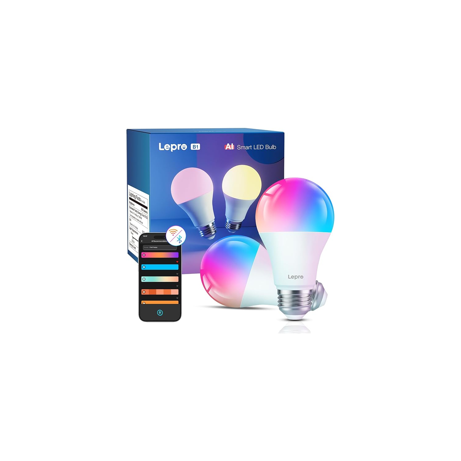 Lepro AI Smart Light Bulbs Music Sync, Thousands Dynamic Scenes, Wi-Fi & Bluetooth RGB Color Changing Light Bulbs, Built-in Voice Control Via Lepro