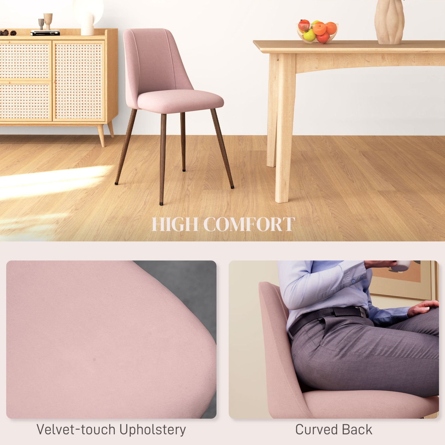 HOMCOM Dining Chairs Set of 4, Modern Kitchen Chairs with Velvet-touch Upholstery, Curved Back and Wood-grain Steel Legs, Accent Chairs for Living