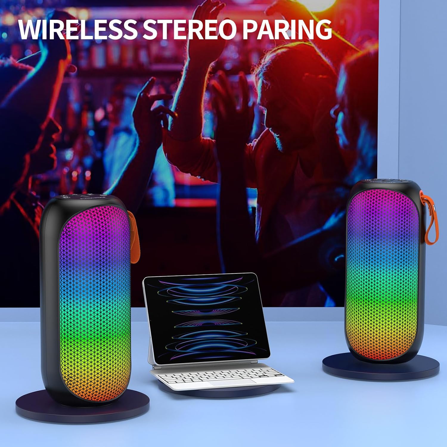 Portable Bluetooth Speaker with Stereo Sound, Outdoor Wireless Speakers, Rich Bass, Bluetooth 5.3, 10 Watts, RGB Lights, Dual TWS Paring, Loud