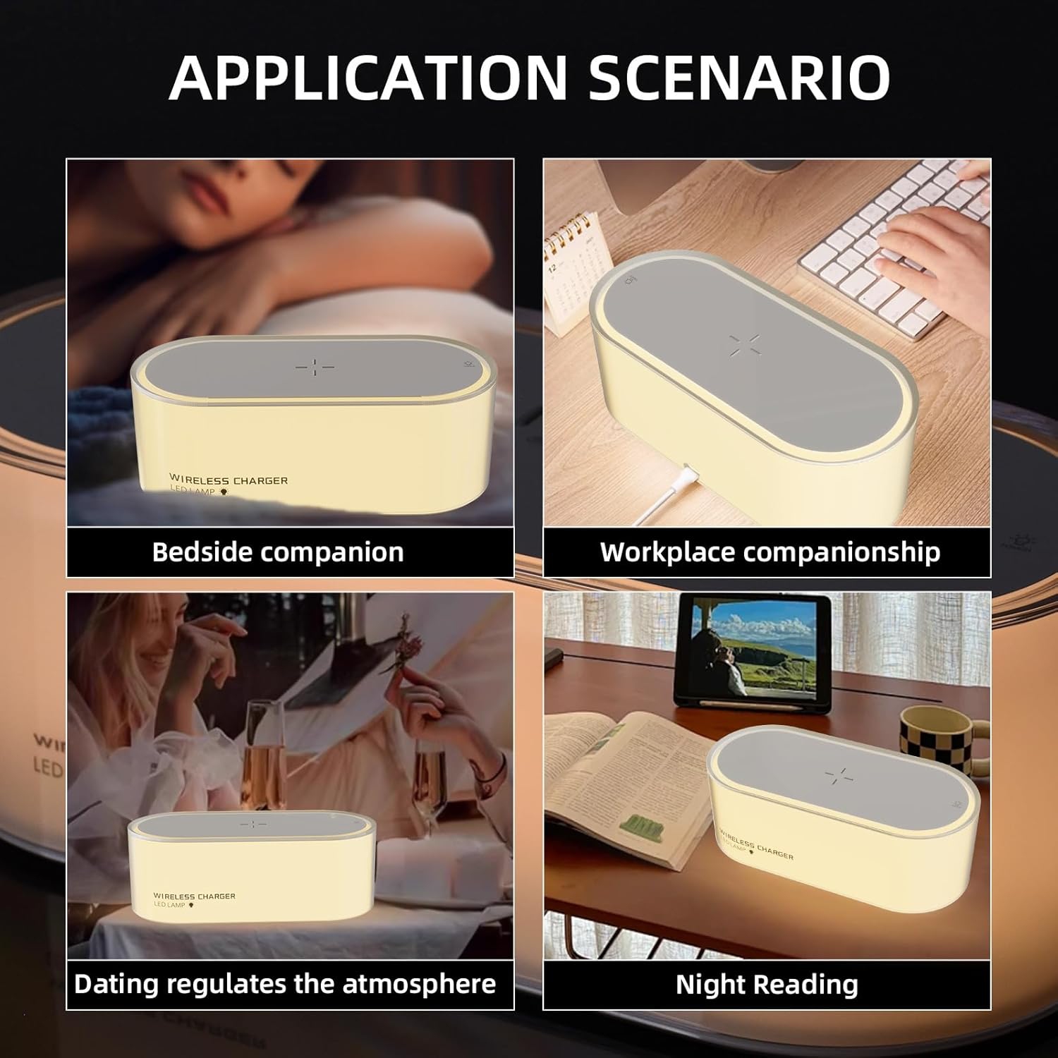 Night Light - Bedroom Bedside Lamp with Wireless Charger Touch Adjustable LED 3 Light Hues, 400mAh Battery for Living Room