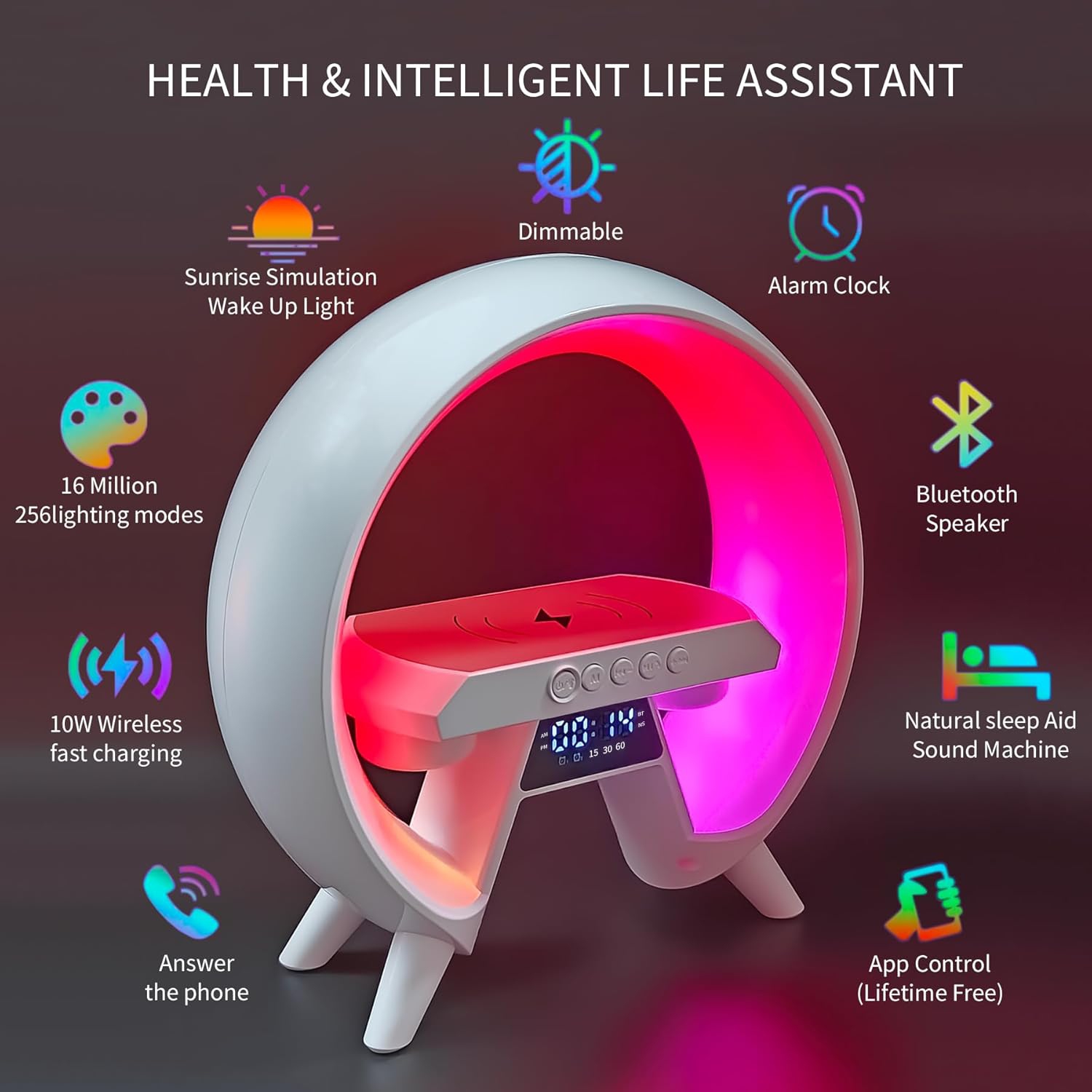 LED Wireless Charging Speaker 15W Fast Charger Station with Bluetooth & Alarm Clock Function with Night Lights, Atmosphere Lamp for Bedroom/Home -