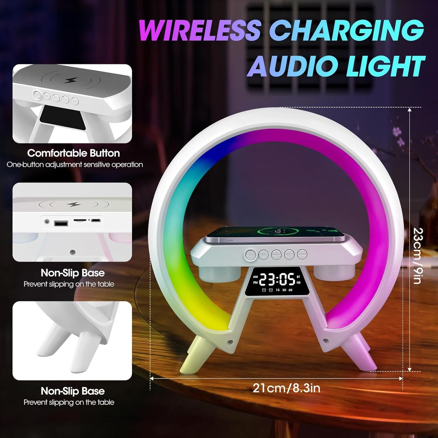 LED Wireless Charging Speaker 15W Fast Charger Station with Bluetooth & Alarm Clock Function with Night Lights, Atmosphere Lamp for Bedroom/Home -
