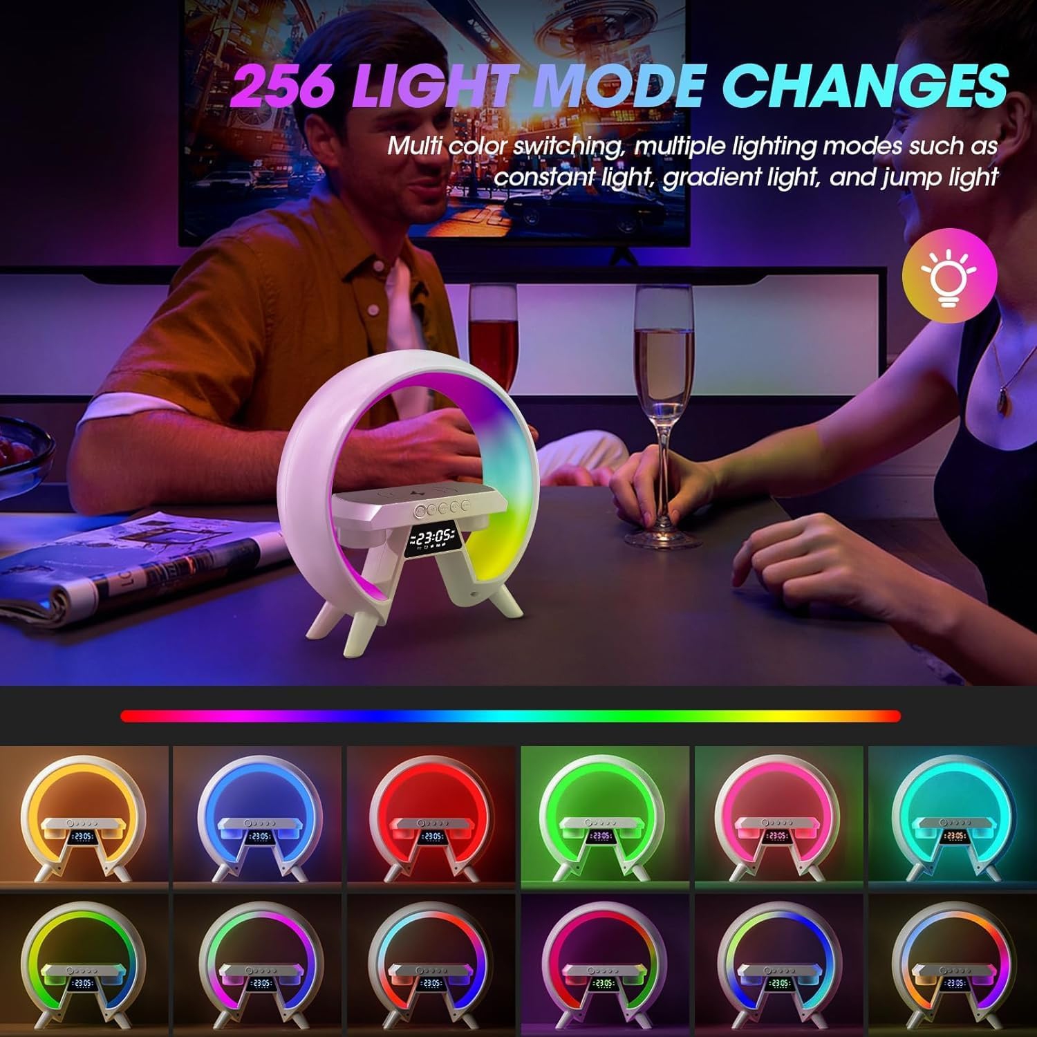 LED Wireless Charging Speaker 15W Fast Charger Station with Bluetooth & Alarm Clock Function with Night Lights, Atmosphere Lamp for Bedroom/Home -