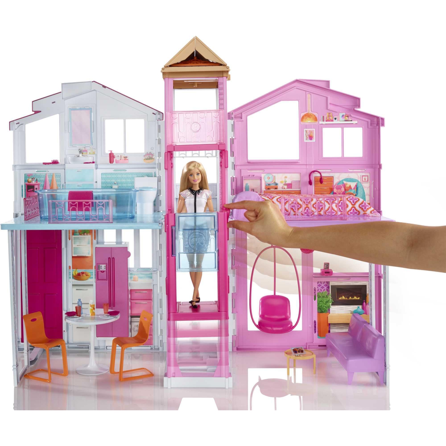 Barbie Doll House, 3-Story Townhouse with 4 Rooms & Rooftop Lounge, Furniture & Accessories Including Swinging Chair