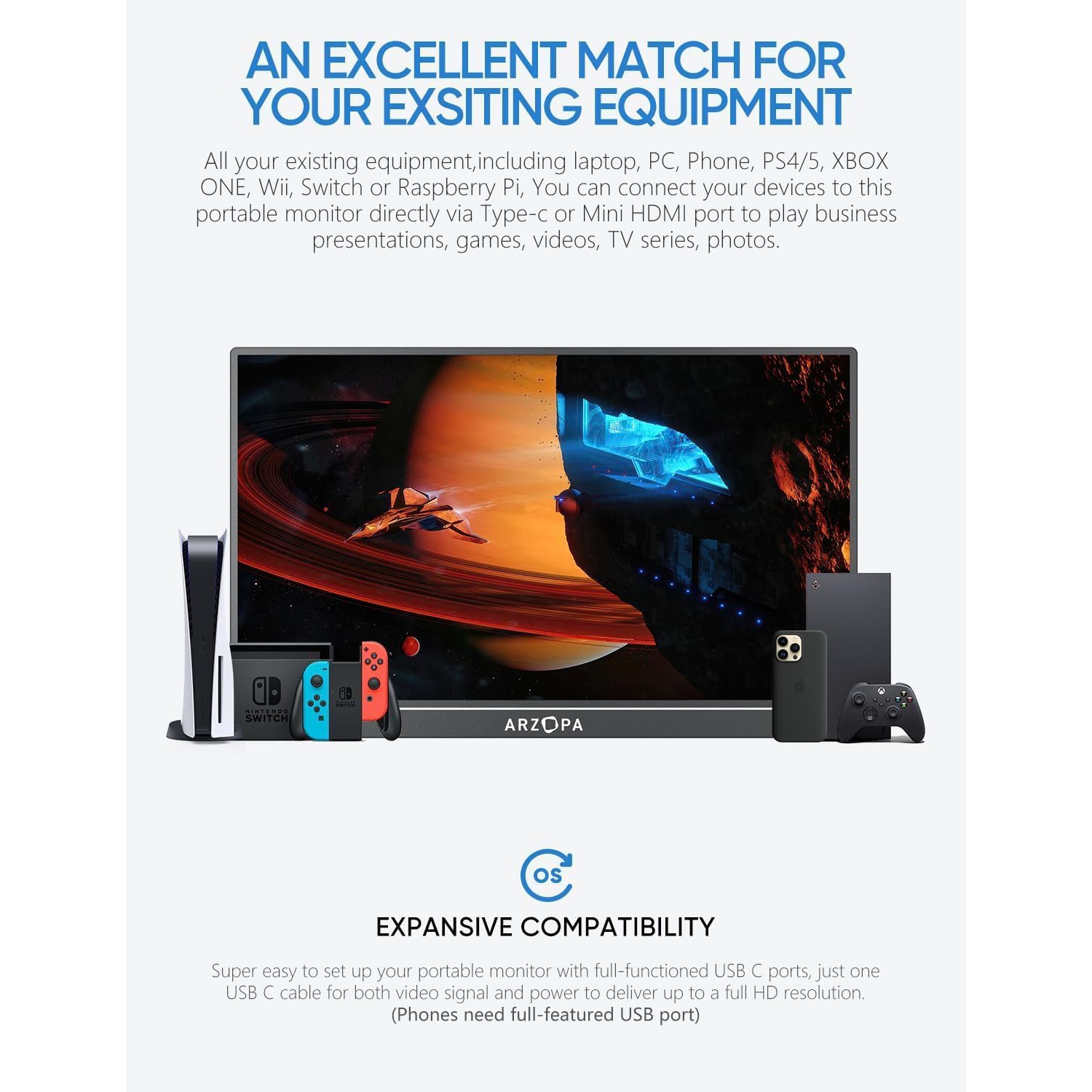 ARZOPA Portable Monitor 17.3", 1080P FHD 100% sRGB IPS Laptop Monitor Gaming Monitor Built-in Kickstand HDMI USB C - A1M