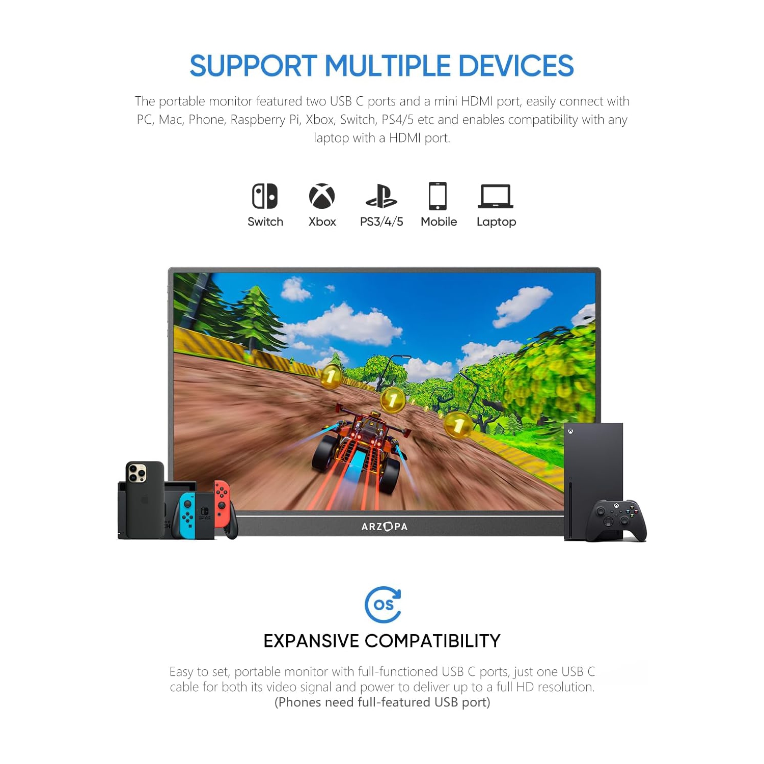 ARZOPA Portable Monitor, 15.6'' 1080P FHD Laptop Monitor USB C HDMI Computer Display HDR w/Smart Cover for PC Mac Phone Xbox Switch PS5 - S1 Table