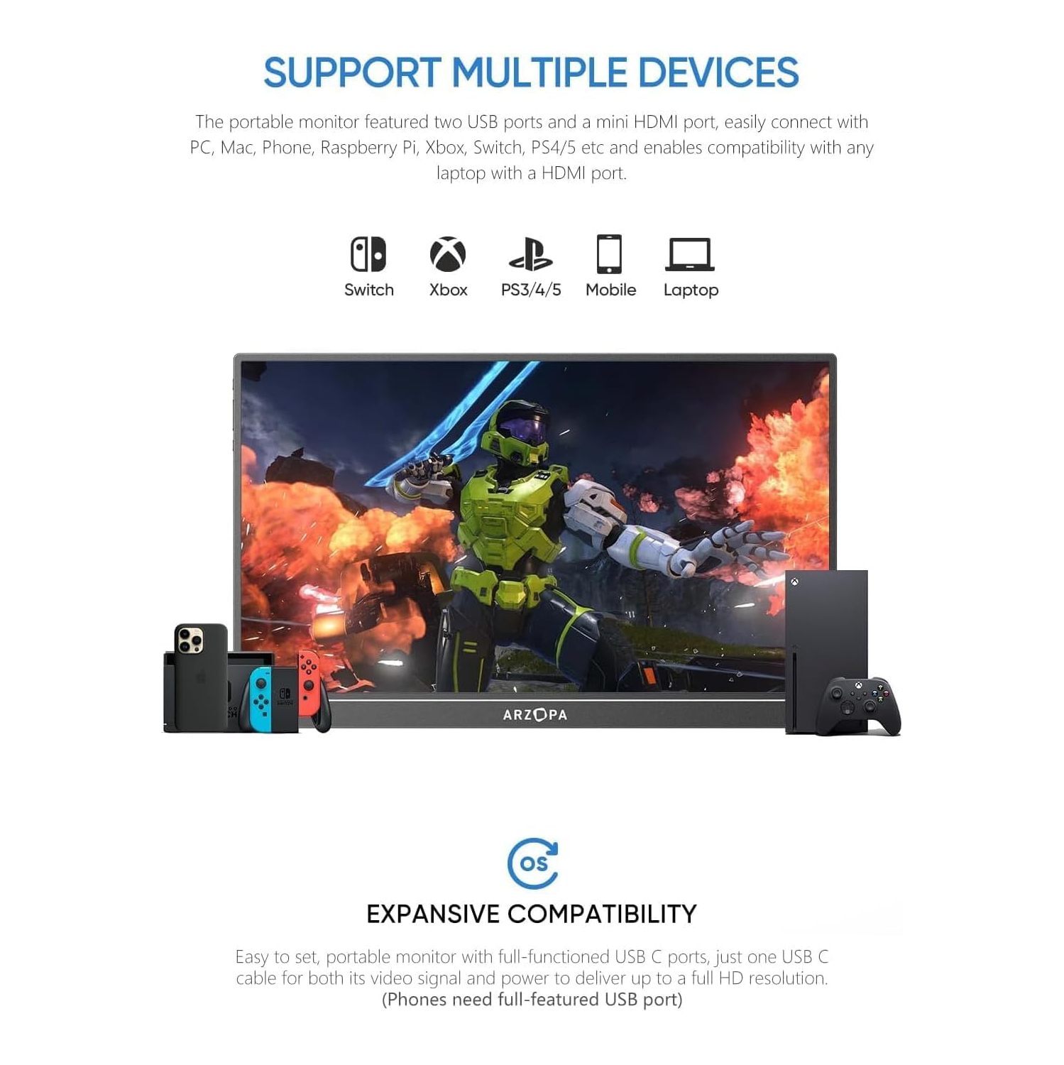 ARZOPA Portable Monitor 15.6'' FHD 1080P Kickstand Portable Laptop Monitor IPS Computer External Screen USB C HDMI Display for PC MAC Phone - A1