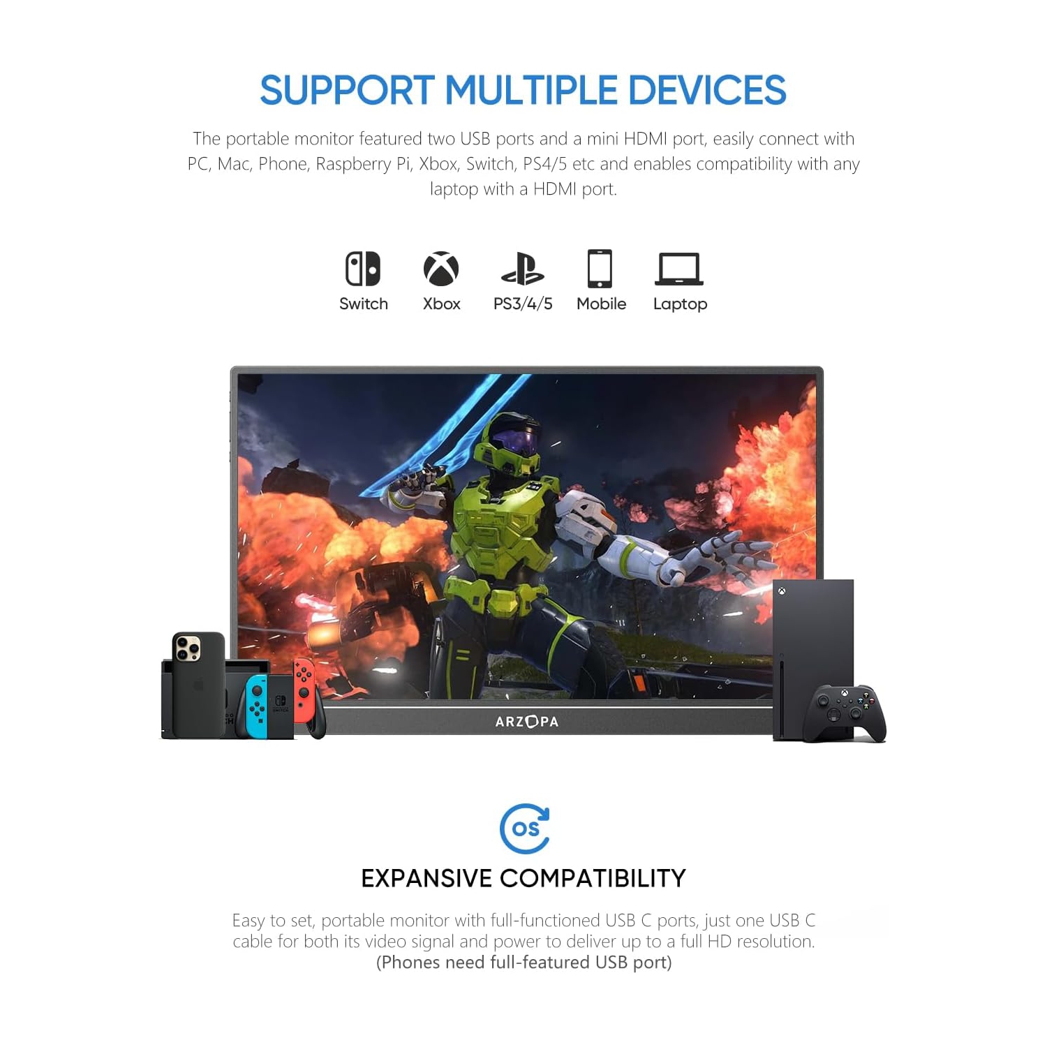 ARZOPA 2.5K Portable Monitor 16" 2560x1600 HDR Kickstand Display, QHD USB-C HDMI Laptop Monitor for Mac PC Phone PS4/5 Xbox Switch - Z1RC