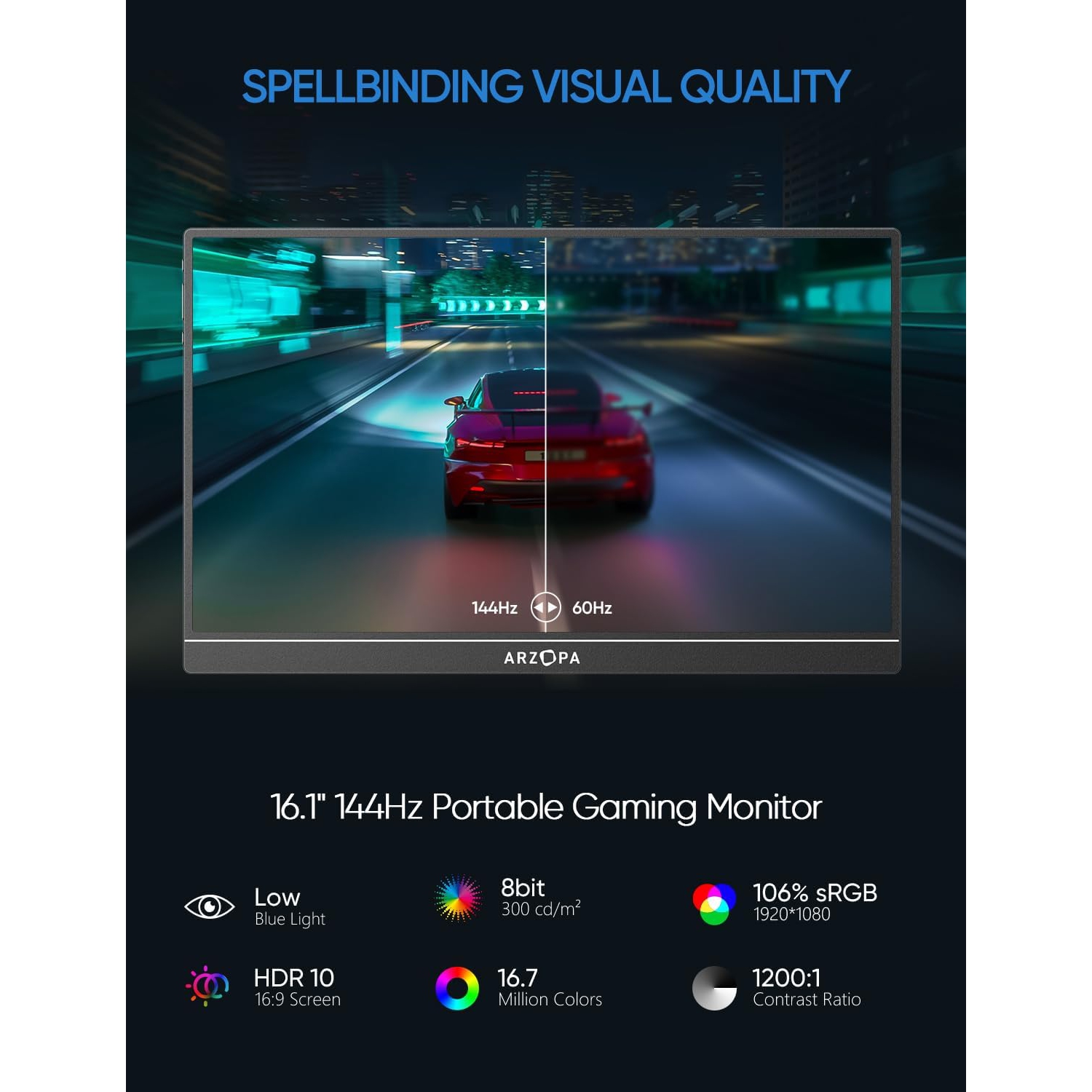 ARZOPA 16.1'' 144Hz Portable Gaming Monitor, 100% sRGB 1080P FHD HDR, External Second Screen for Laptop, PC, PS5, Mac, Xbox, Switch - Z1FC