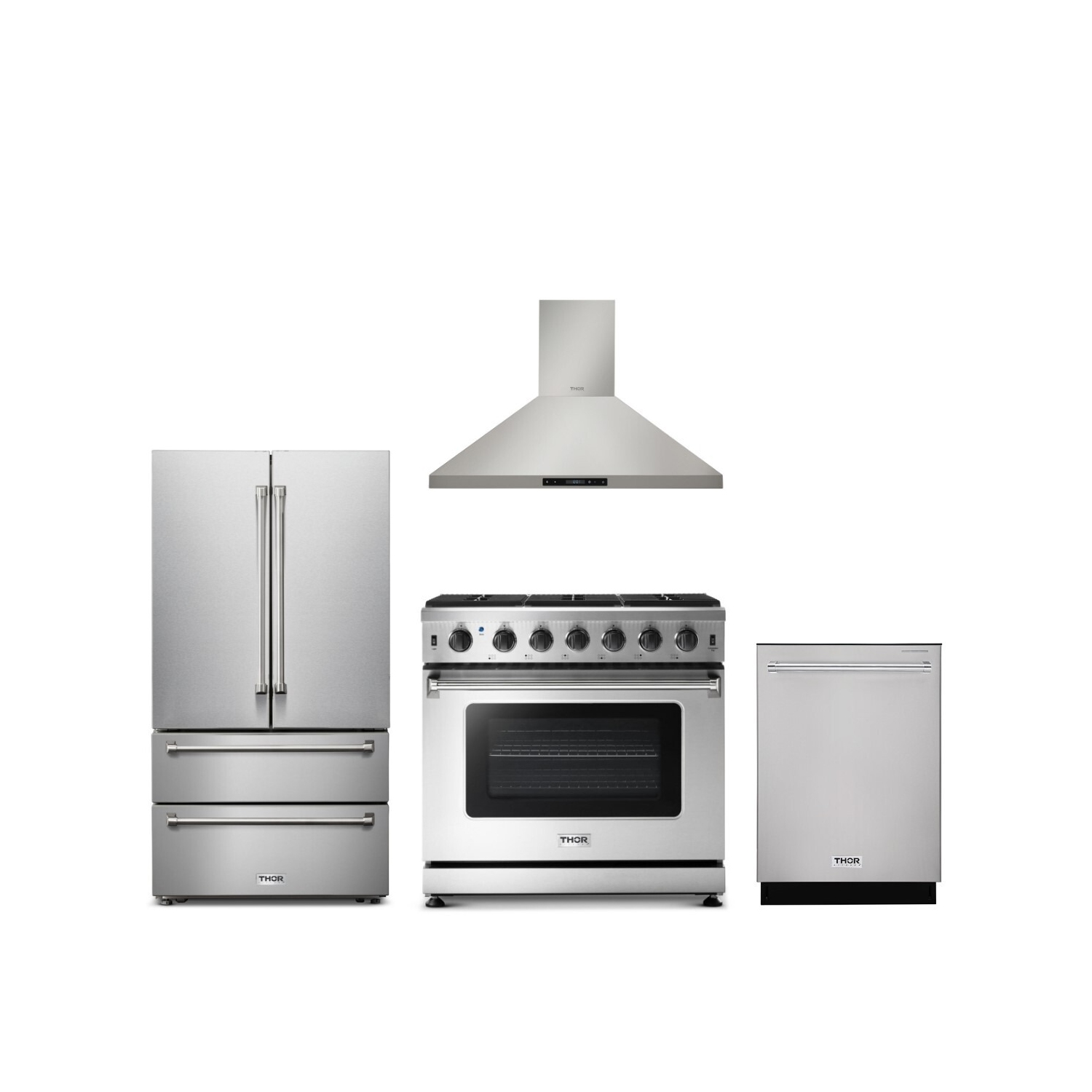 Thor Kitchen Professional 4-Piece Package: 36 Inch Gas Range, 36 Inch Wall Mount Range Hood, 36 Inch Professional French Door Refrigerator, and 24 Inch Built-in Dishwasher