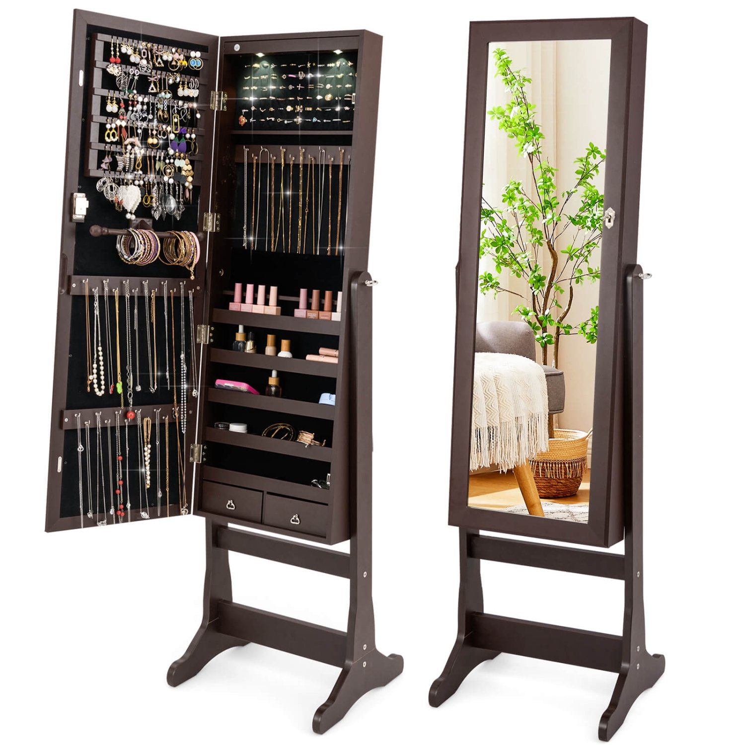 Armoire à bijoux avec miroir debout de Costway, grand range-bijoux avec miroir pleine longueur, 4 angles réglables et 2 lumières DEL, armoire à
