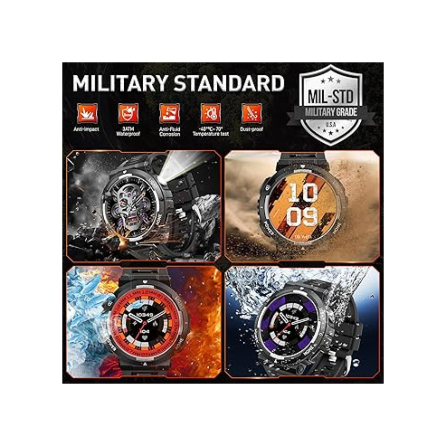 Mehiaz Military Smart Watches for Men(Answer/Make Calls) with LED Flashlight 3ATM Waterproof Smartwatch with 100+ Sports Modes 1.53" Tactical Fitness