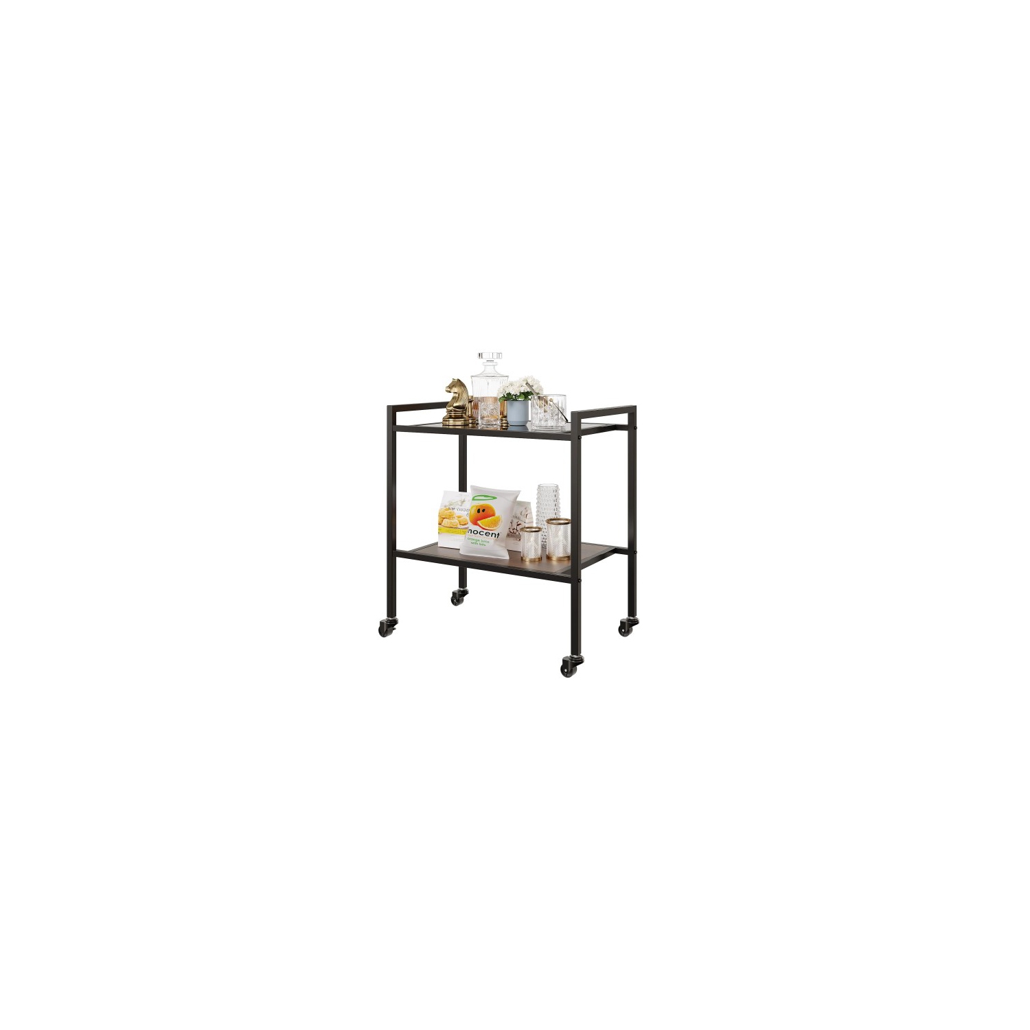 ODIKA 2-Tier Side Table, Rolling End Table with Glass Top, Rolling Wheels for Home, Living Room, Bedroom