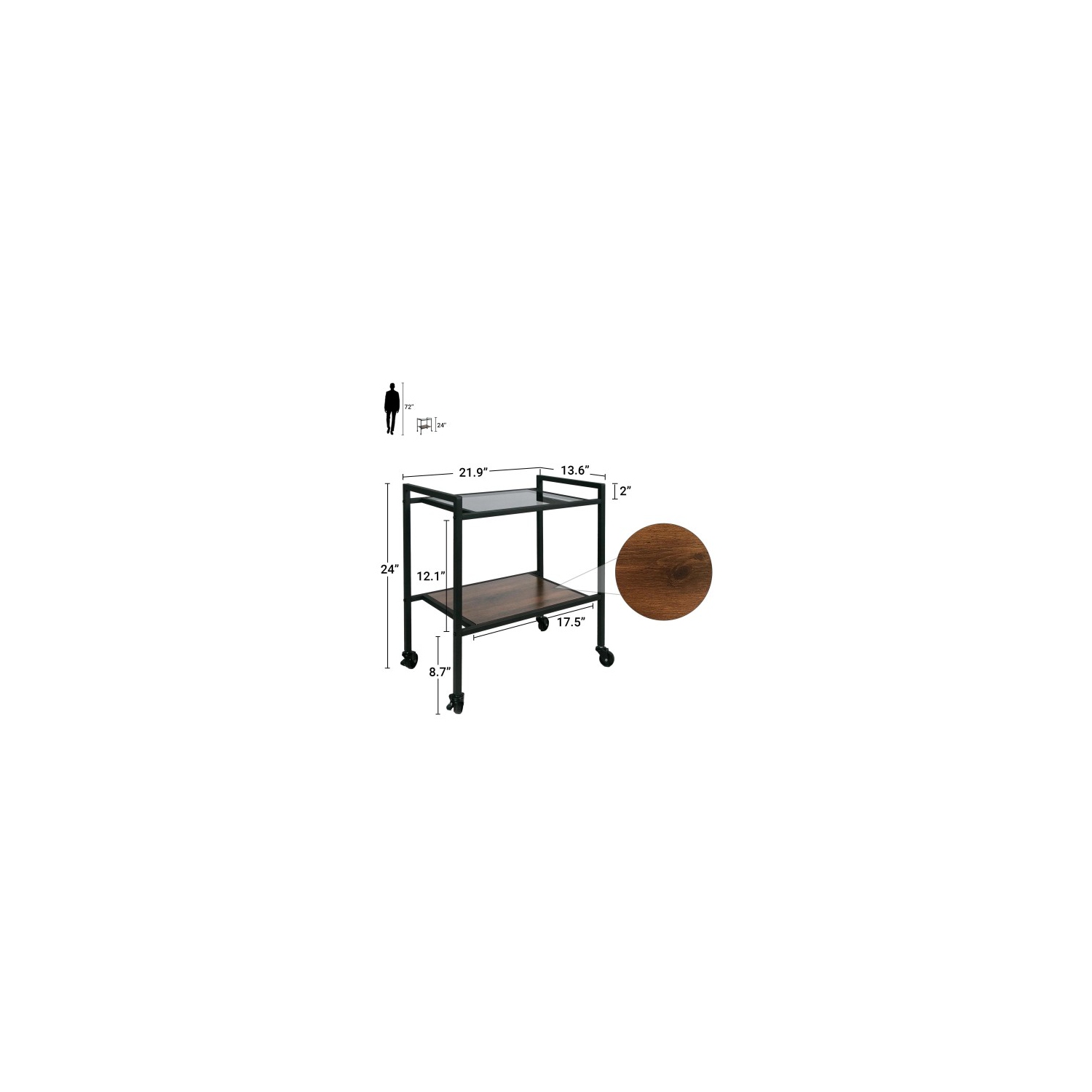 ODIKA 2-Tier Side Table, Rolling End Table with Glass Top, Rolling Wheels for Home, Living Room, Bedroom
