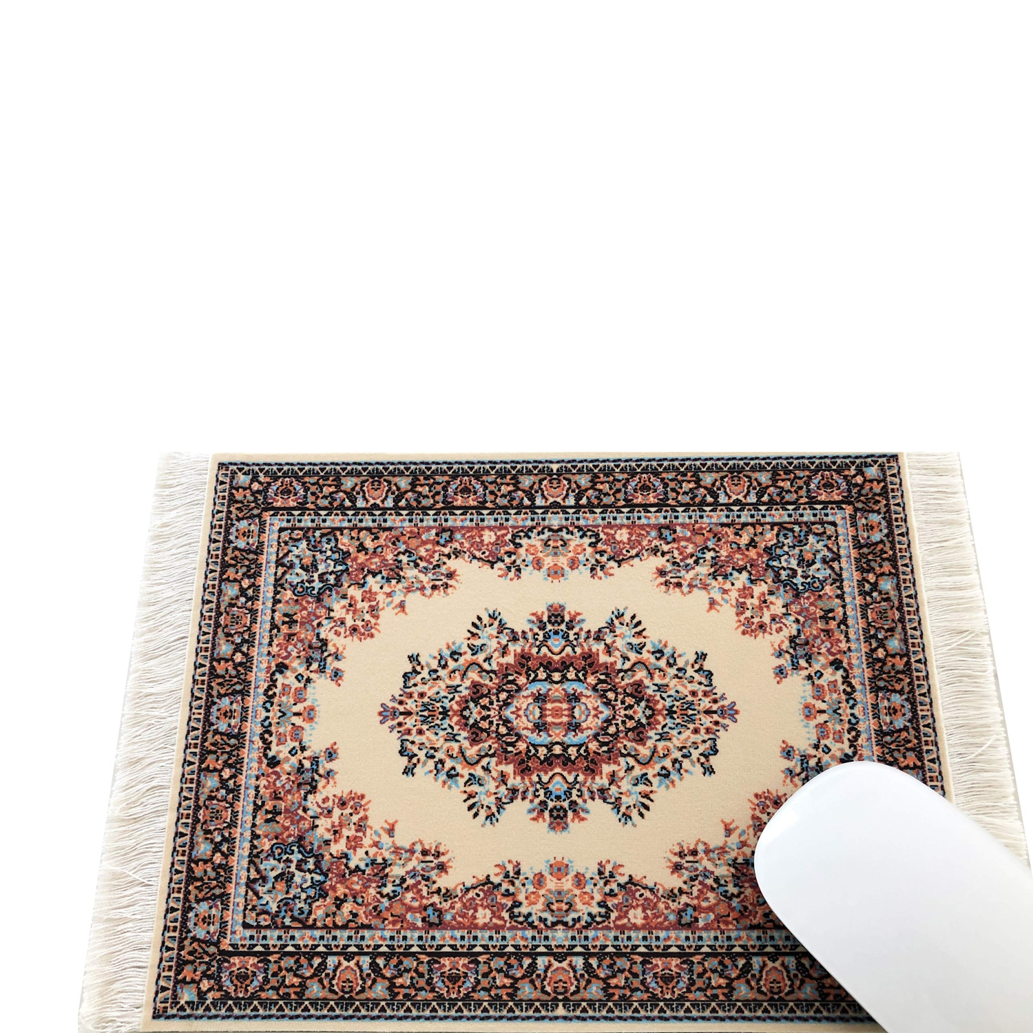 Beautiful Oriental Rug Style Mousepad, Beige Miniature Carpet Computer Mouse Pad, Rectangular, Non-Slip, Elegant Office Accessories