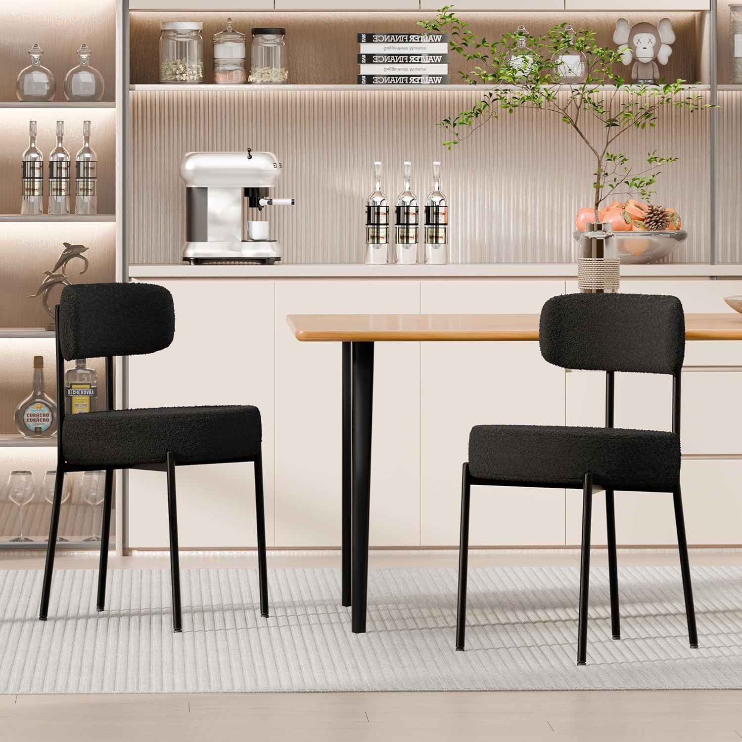 DYHOME Black Dining Chairs Set of 2, Upholstered Kitchen Dining Room Chairs, Mid Century Modern Boucle Chairs with Thicken Cushion for Kitchen,