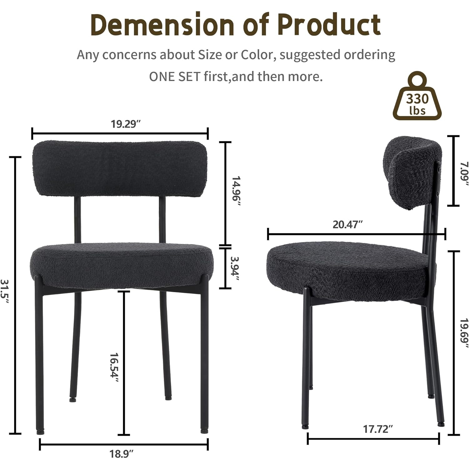 DYHOME Black Dining Chairs Set of 2, Upholstered Kitchen Dining Room Chairs, Mid Century Modern Boucle Chairs with Thicken Cushion for Kitchen,