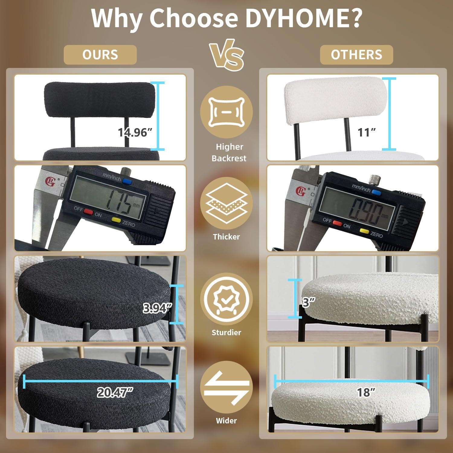 DYHOME Black Dining Chairs Set of 2, Upholstered Kitchen Dining Room Chairs, Mid Century Modern Boucle Chairs with Thicken Cushion for Kitchen,