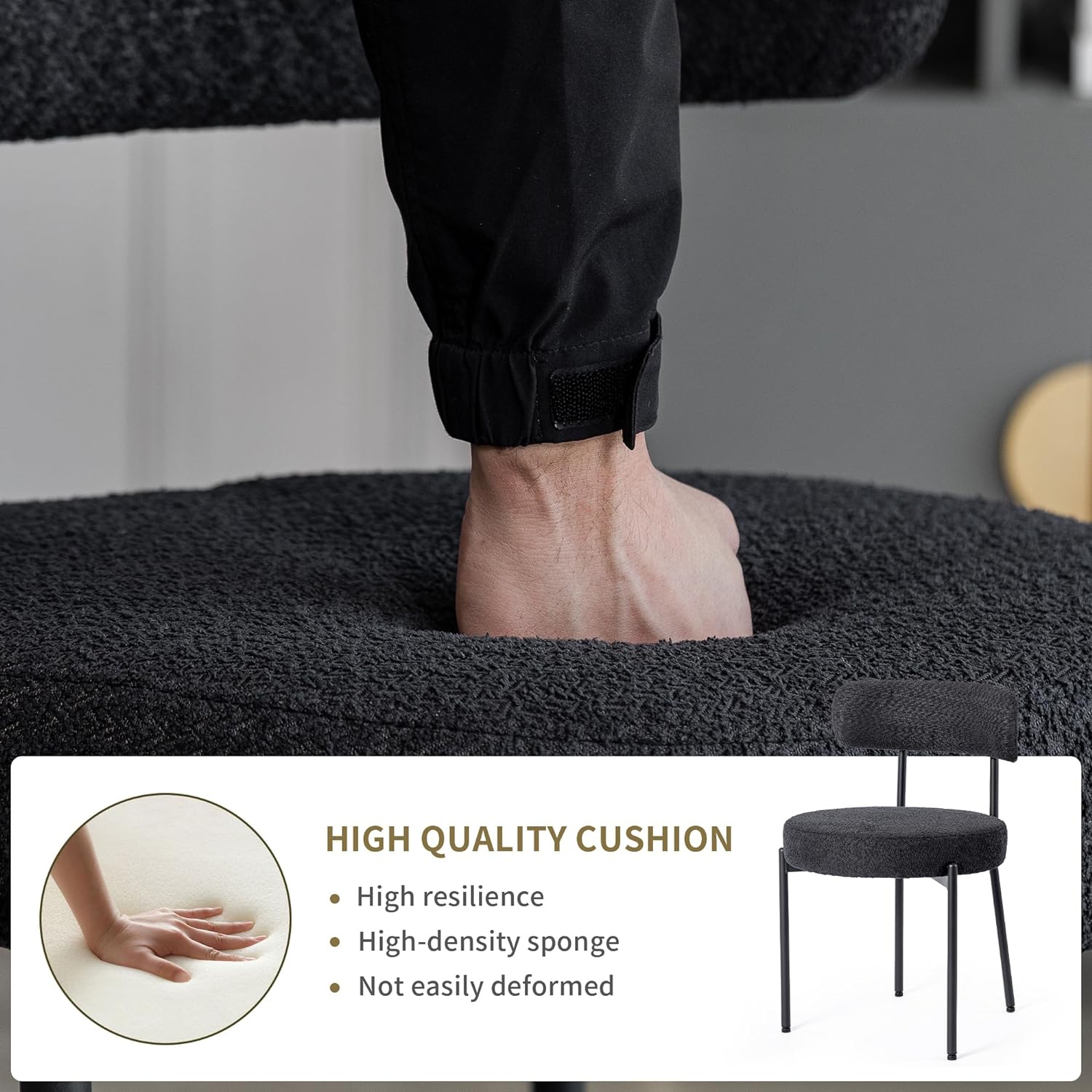 DYHOME Black Dining Chairs Set of 2, Upholstered Kitchen Dining Room Chairs, Mid Century Modern Boucle Chairs with Thicken Cushion for Kitchen,