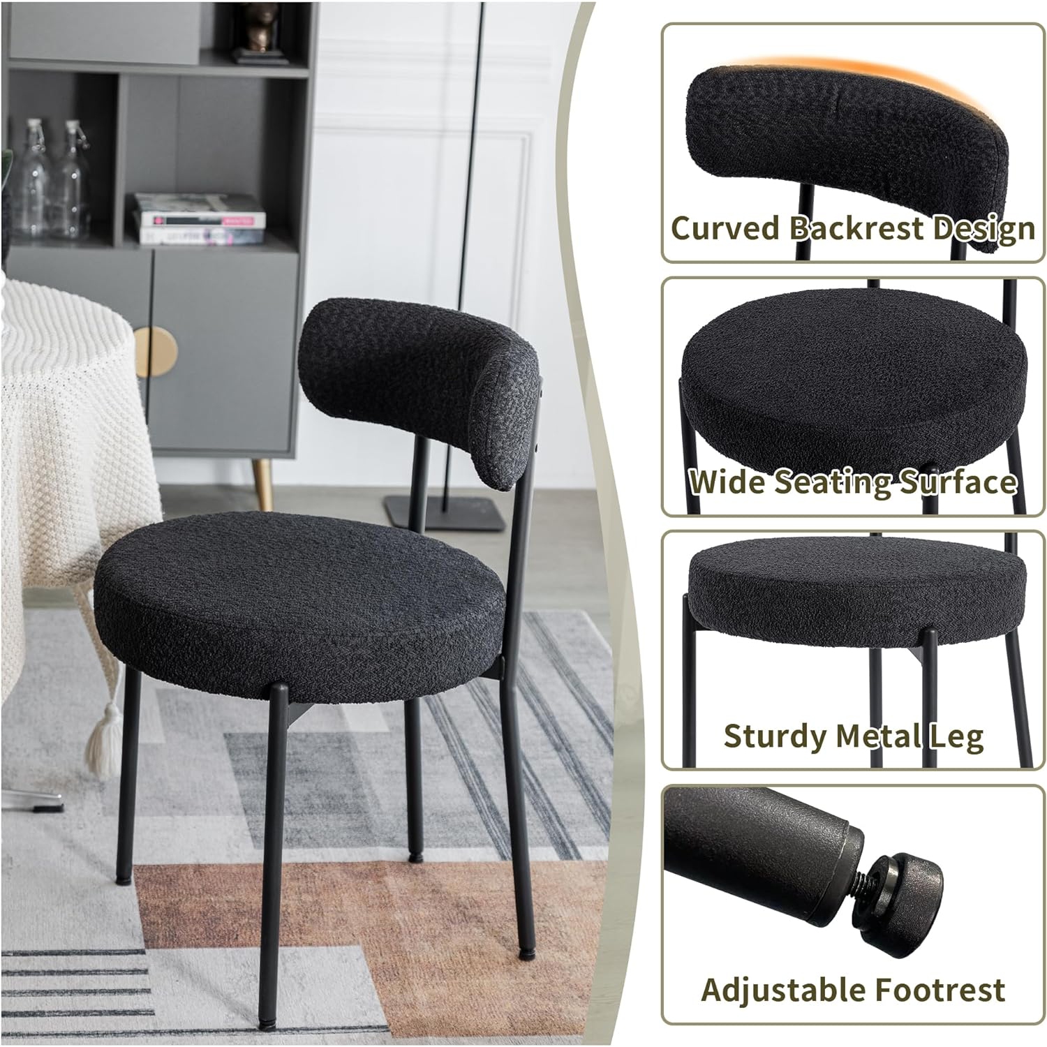 DYHOME Black Dining Chairs Set of 2, Upholstered Kitchen Dining Room Chairs, Mid Century Modern Boucle Chairs with Thicken Cushion for Kitchen,
