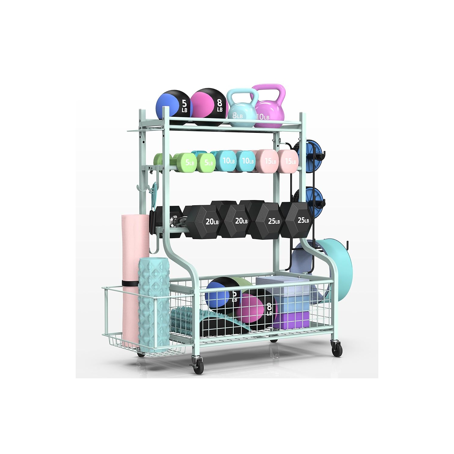 Zachvo Dumbbell Rack, Home Gym Storage, Weight Rack for Dumbbells, Yoga Rack, Kettlebells and Yoga Mat Storage, Gym Storage Rack with Wheels and