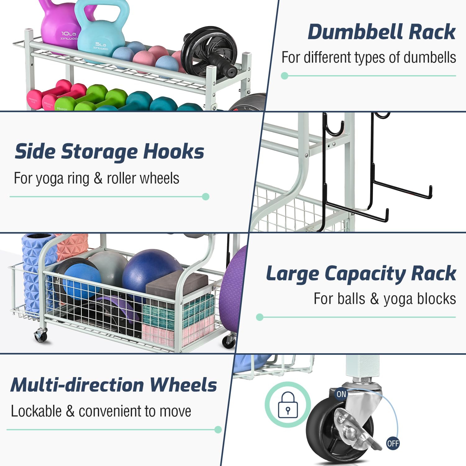 Zachvo Dumbbell Rack, Home Gym Storage, Weight Rack for Dumbbells, Yoga Rack, Kettlebells and Yoga Mat Storage, Gym Storage Rack with Wheels and