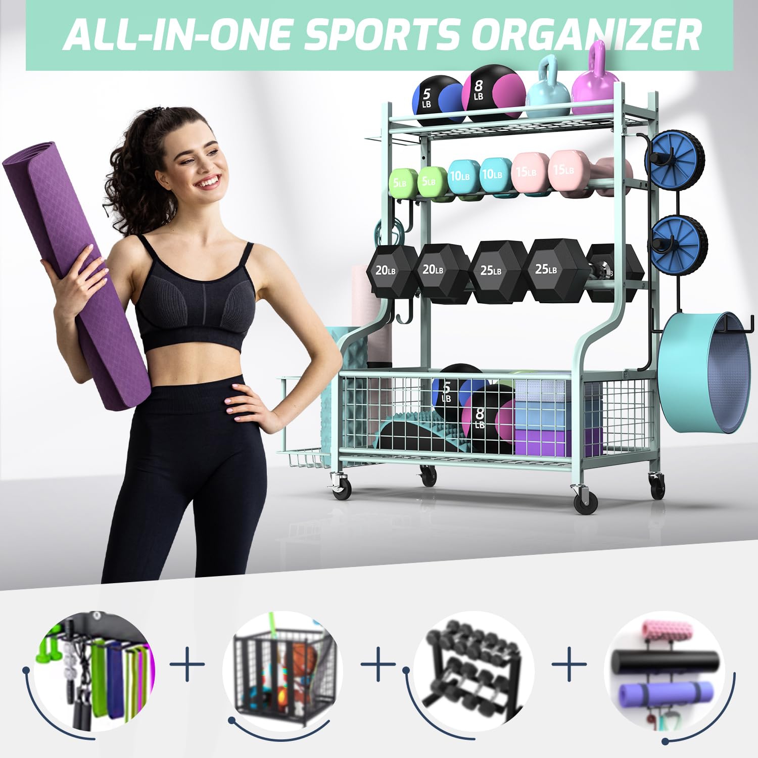 Zachvo Dumbbell Rack, Home Gym Storage, Weight Rack for Dumbbells, Yoga Rack, Kettlebells and Yoga Mat Storage, Gym Storage Rack with Wheels and
