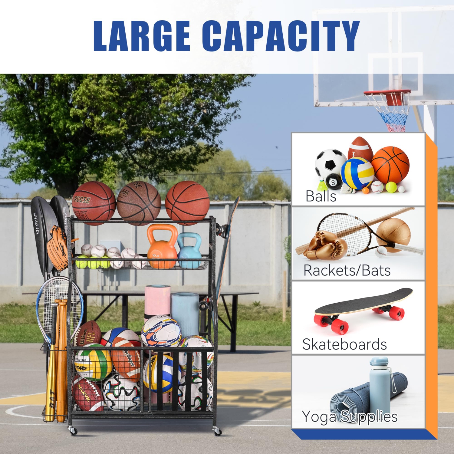 Zachvo Basketball Rack with Wheels Sports Equipment Storage for Football Volleyball and Basketball