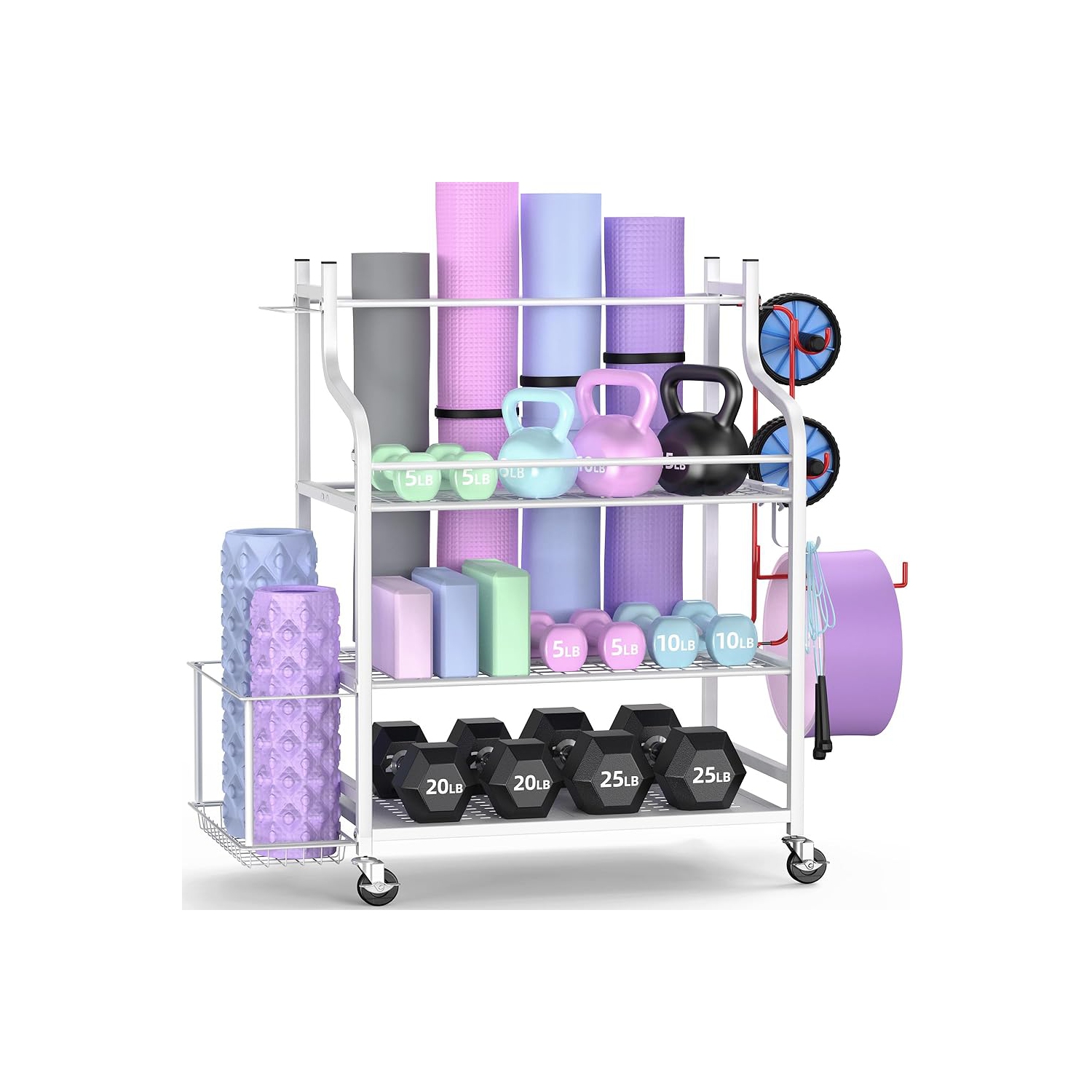 Support de rangement blanc pour tapis de yoga de Zachvo pour salle de sport à la maison pour haltères, rouleaux en mousse, sangles de yoga, bandes de