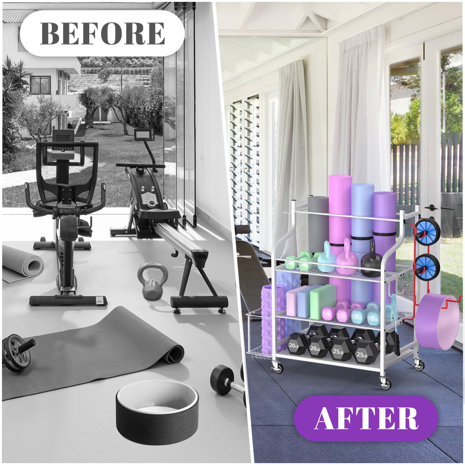 Support de rangement blanc pour tapis de yoga de Zachvo pour salle de sport à la maison pour haltères, rouleaux en mousse, sangles de yoga, bandes de