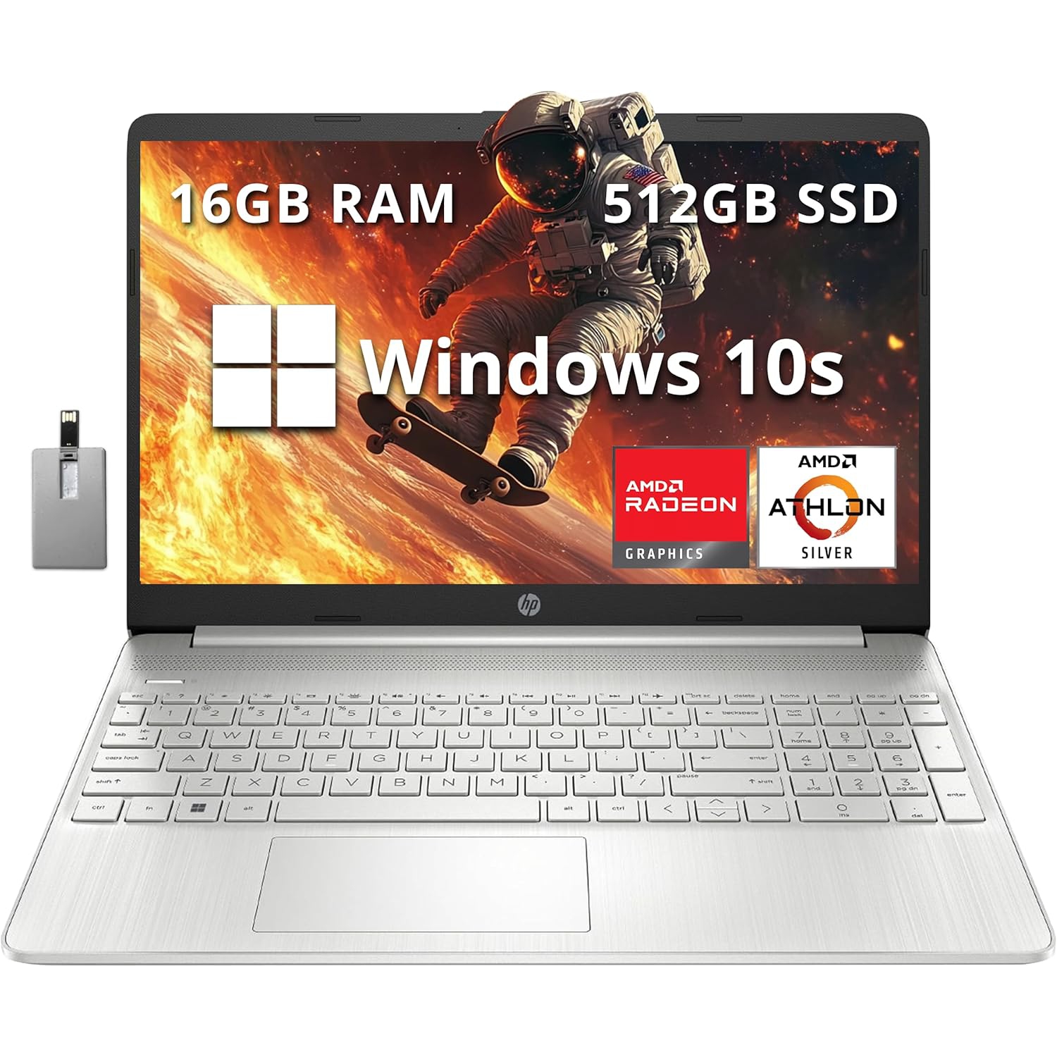 HP 15.6 FHD Laptop Computer, AMD Athlon Silver 3050U, 512GB SSD, 16GB DDR4 RAM, AMD Radeon Graphics, HD Webcam, HDMI, Office 365, Windows 10 S, Silver, 32GB Hotface USB Card