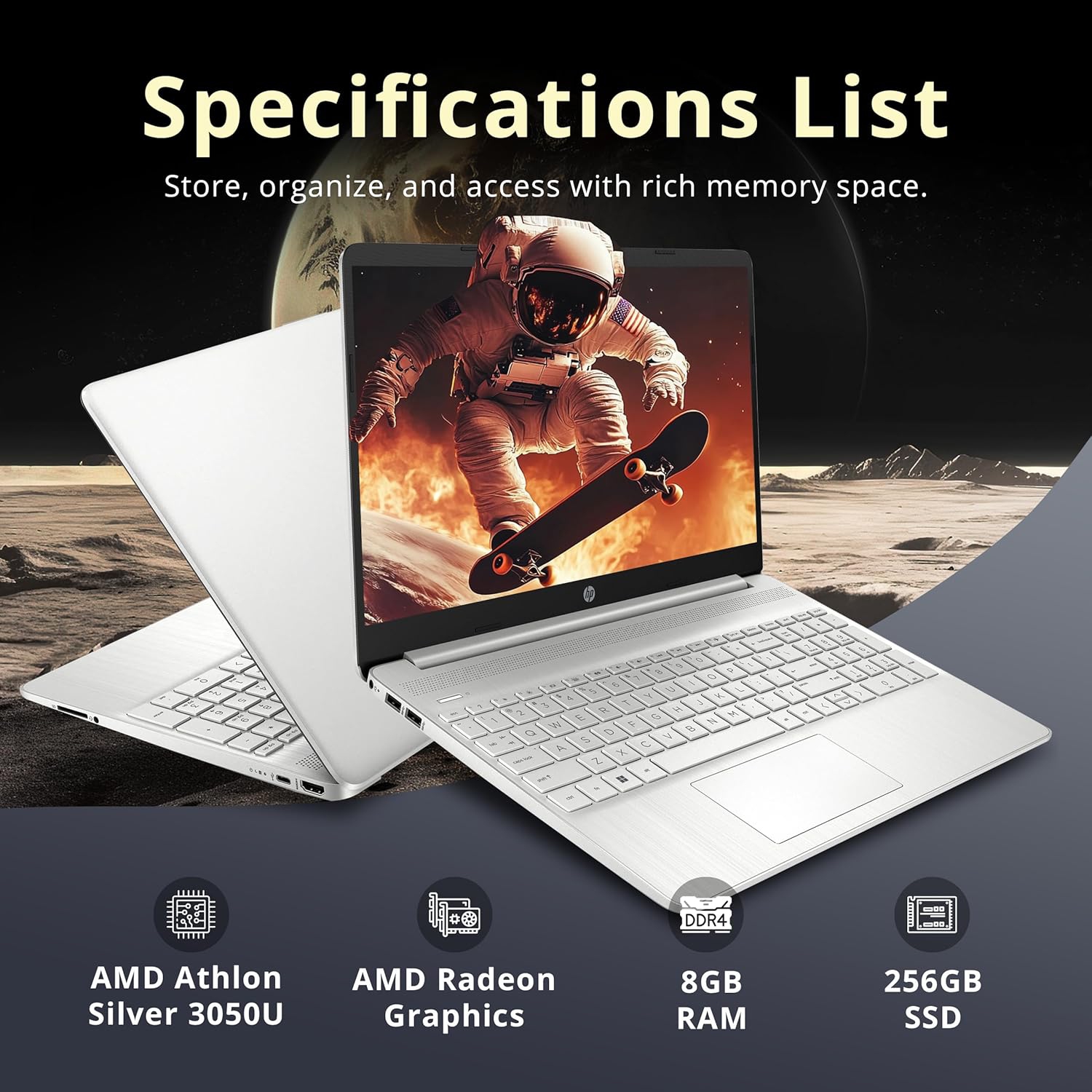 HP 15.6" FHD Laptop Computer, AMD Athlon Silver 3050U, 256GB SSD, 8GB DDR4 RAM, AMD Radeon Graphics, HD Webcam, HDMI, Office 365, Windows 10 S,
