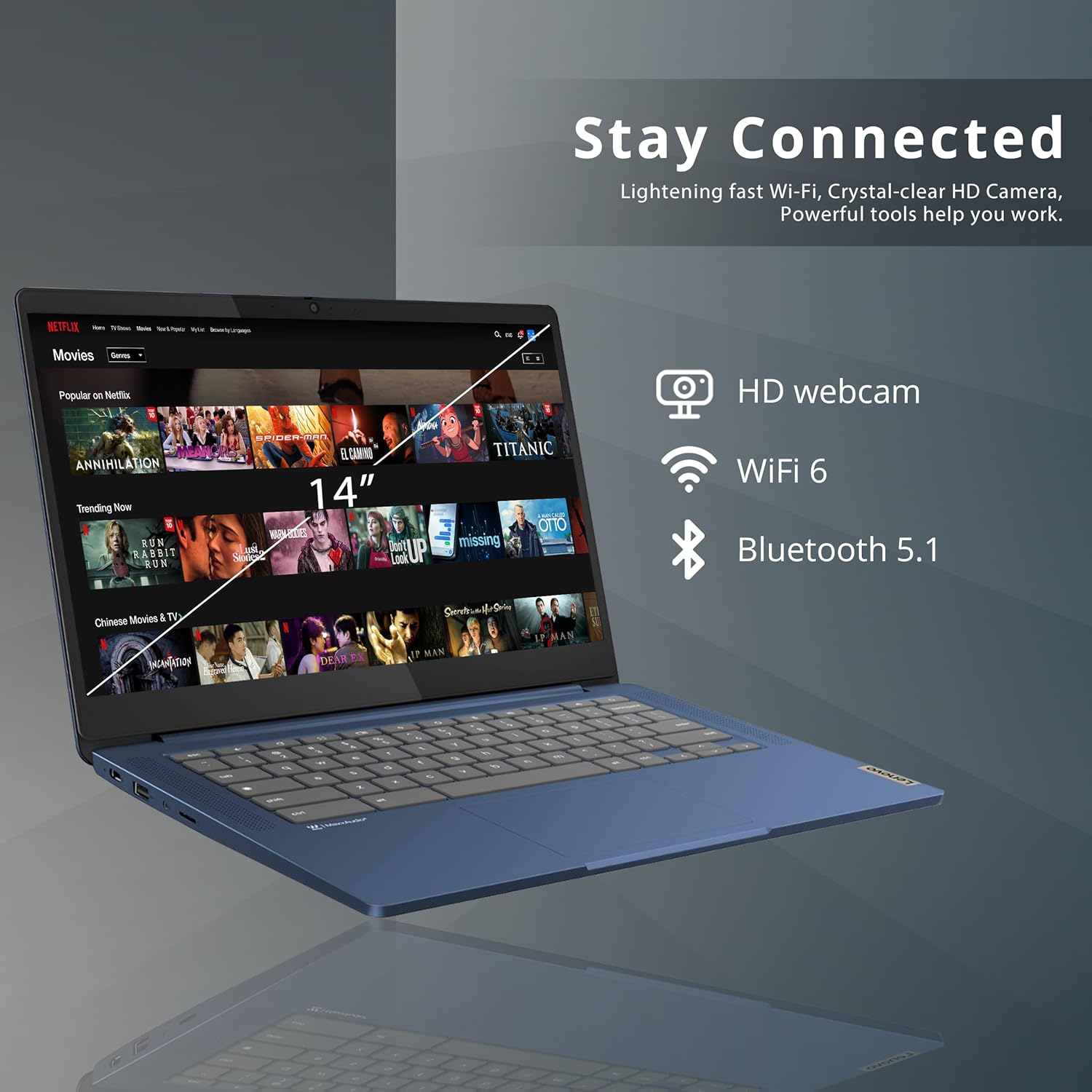 Refurbished Excellent - Lenovo IdeaPad Slim 3 Chromebook, 14″ FHD IPS Touchscreen Laptop, MediaTek Kompanio 520, 4GB LPDDR4X, 64GB eMMC, HD Camera,