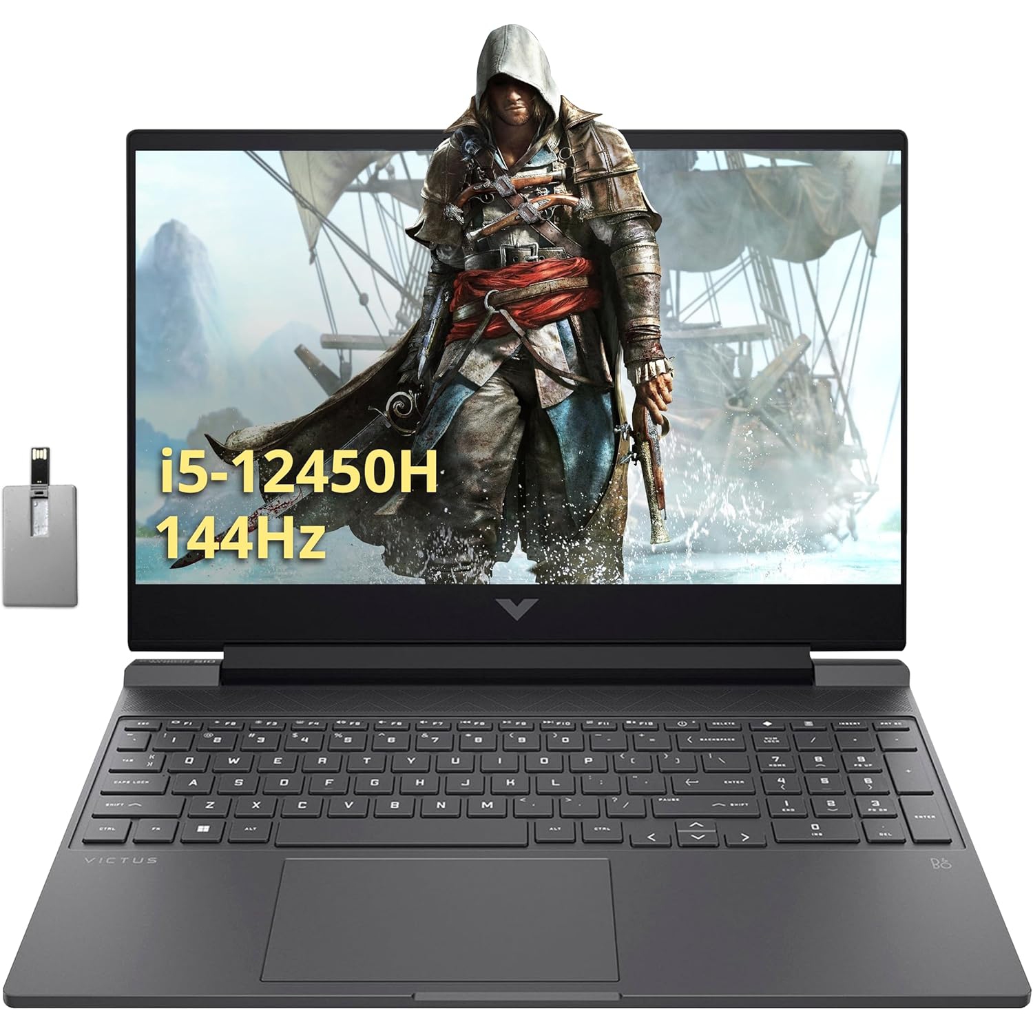 HP Victus 15.6" FHD 144Hz Gaming Laptop, Intel i5-12450H, 2TB PCIe SSD, 64GB RAM, NVIDIA GeForce GTX 1650 Graphics, Backlit Keyboard, Win 11 Pro, Mica Silver, 32GB Hotface USB Card