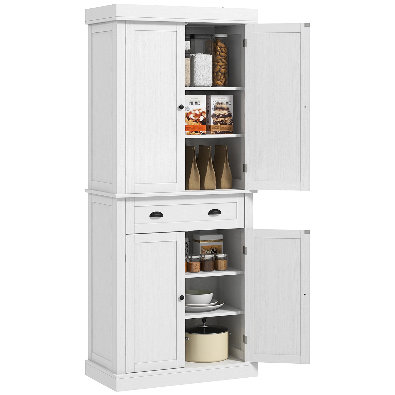 HOMCOM Freestanding Kitchen Pantry Cabinet, 72" Tall Buffet Storage Cabinet with 4 Recessed Doors, Drawer and Adjustable Shelves, White