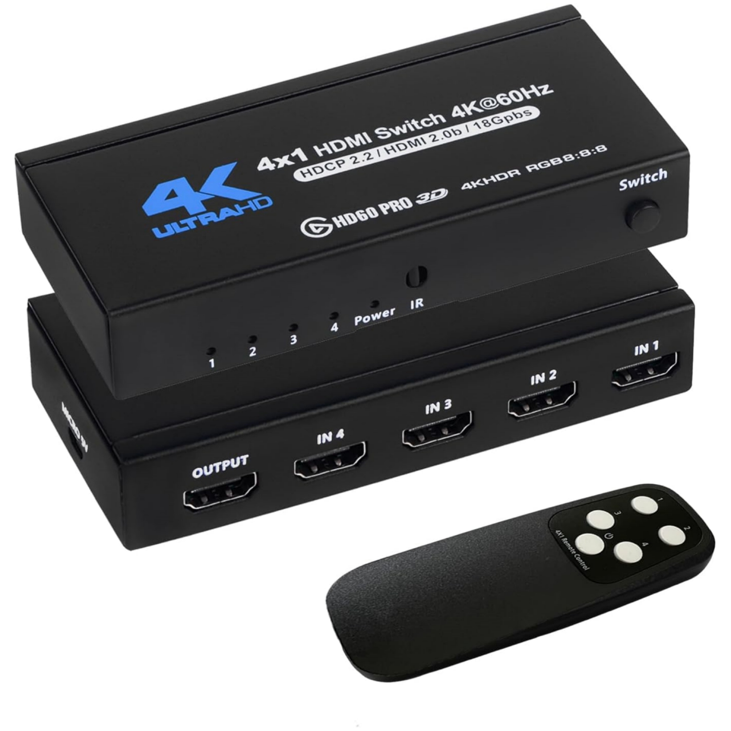 4K HDMI Switch 4x1, 4K@60Hz 4 in 1 Out HDMI Switcher Selector with IR Remote Control, Supports HDCP 2.2 4K@60Hz UltraHD HDR10 3D HD1080P Dolby DST, HDMI Splitter for PS4 Xbox Apple