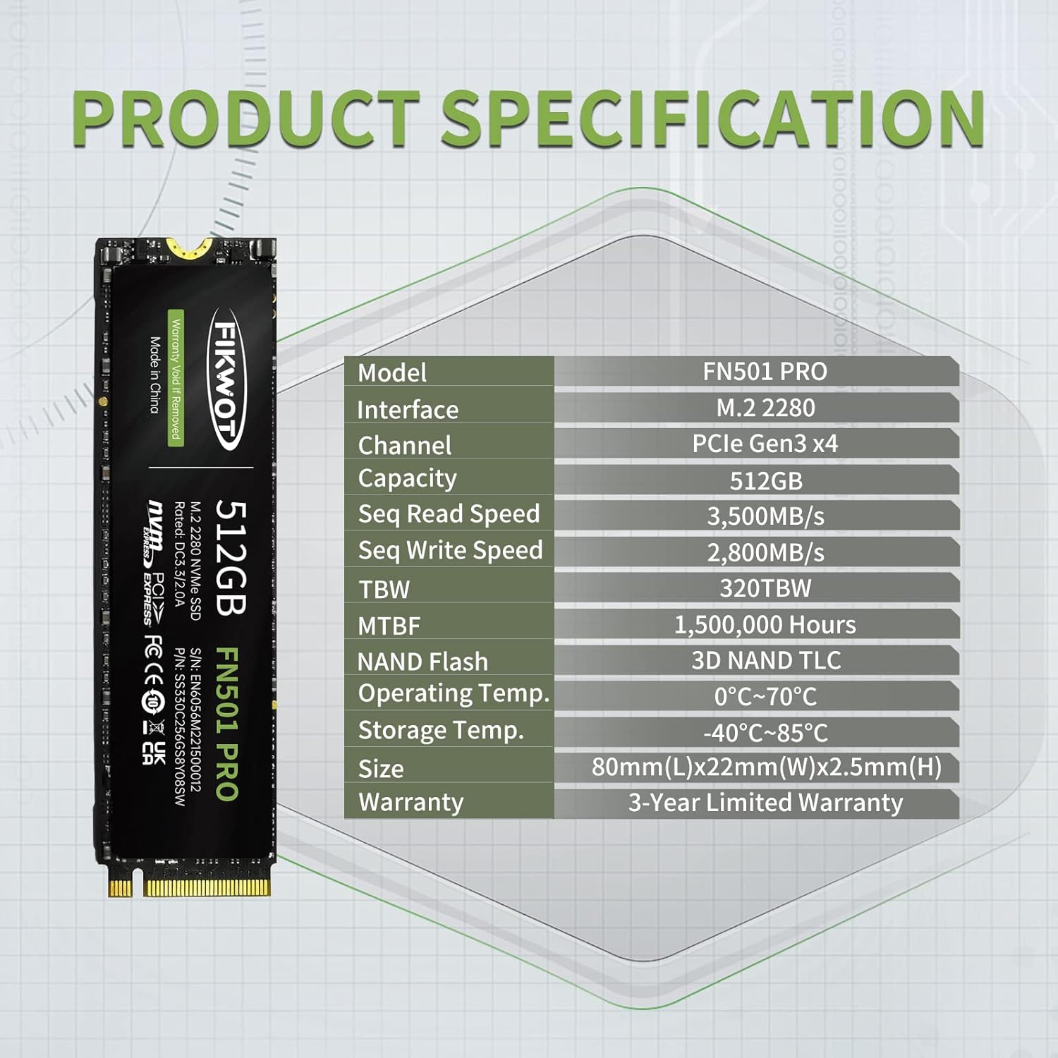 512GB NVMe SSD, M.2 2280 PCIe Gen3 x4 Internal Solid State Drive with Graphene Cooling Sticker, up to 3500MB/s with SLC Cache & 3D NAND TLC. compatible with laptops and desktops.