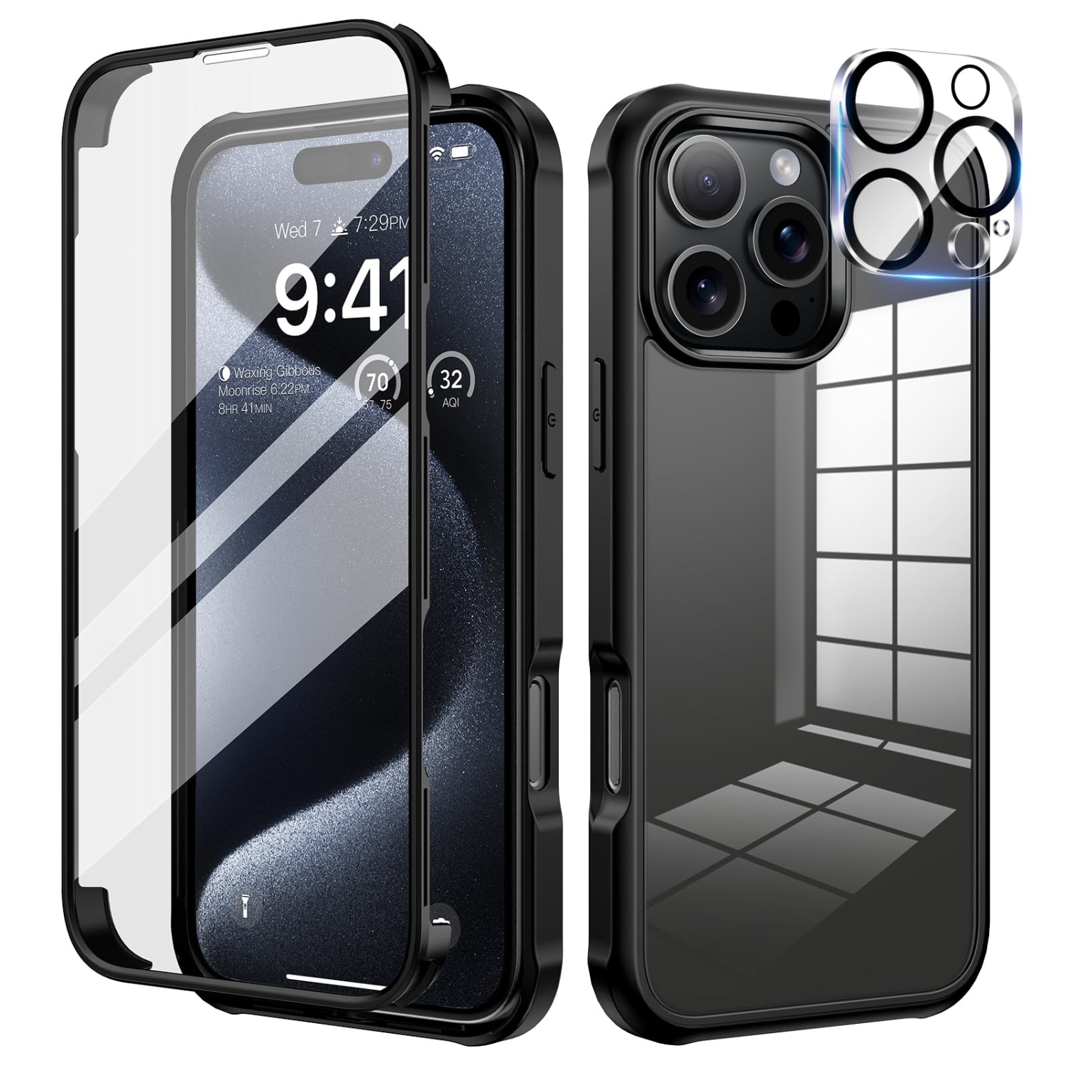 iPhone 16 Pro Case, Built-in 9H Tempered Glass Screen Protector with Camera Lens Protector Shockproof Slim Cover iPhone 16 Pro, Full Body Protective