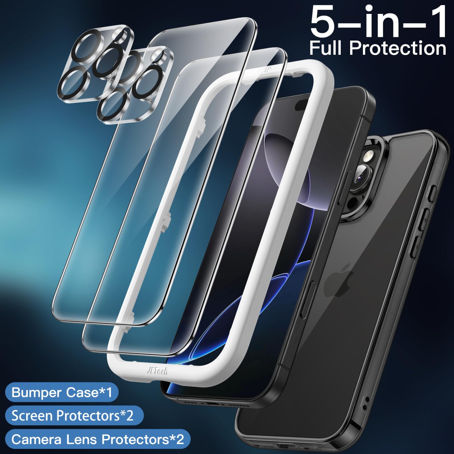 5 in 1 Case for iPhone 16 Pro 6.3-Inch with 2 Pack Each Tempered Glass Screen Protectors and Camera Lens Protectors, Non-Yellowing Shockproof Bumper