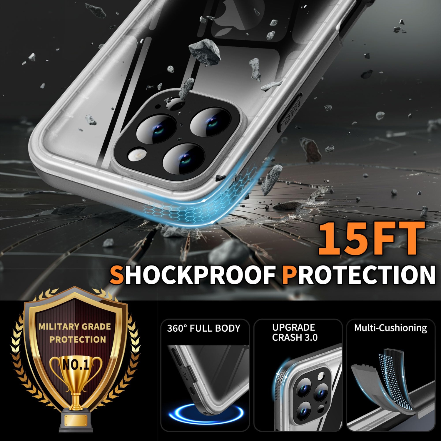 Étui étanche antichoc pour iPhone 16 Pro avec protecteur d'écran/d'appareil photo - Robuste/hermétique à la poussière/protection intégrale Rugged360