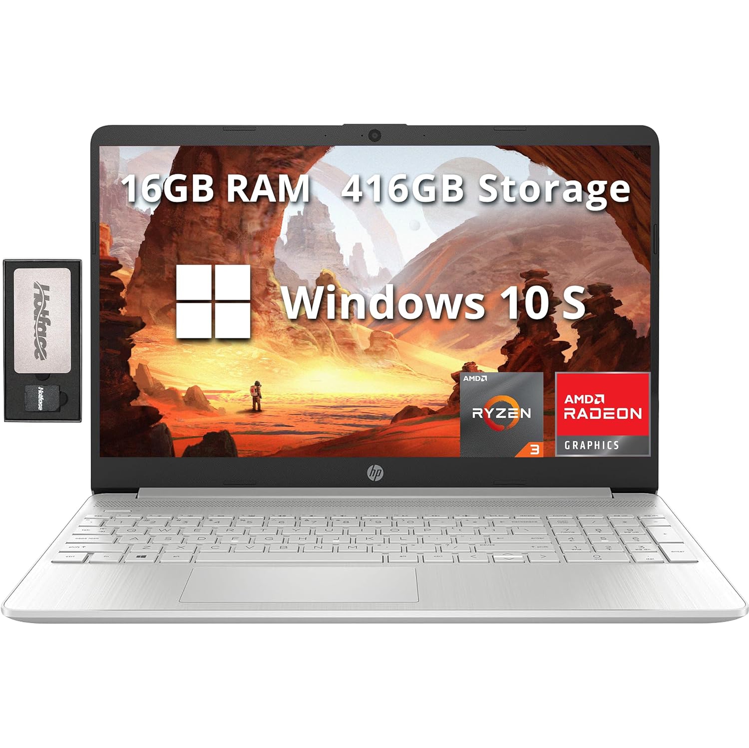 HP 15.6" FHD Laptop, AMD Ryzen 3-3250U Processor, 416GB Storage, 16GB RAM, AMD Radeon Graphics, Numeric Keypad, 720p HD Webcam, WiFi, Windows 10S, Silver